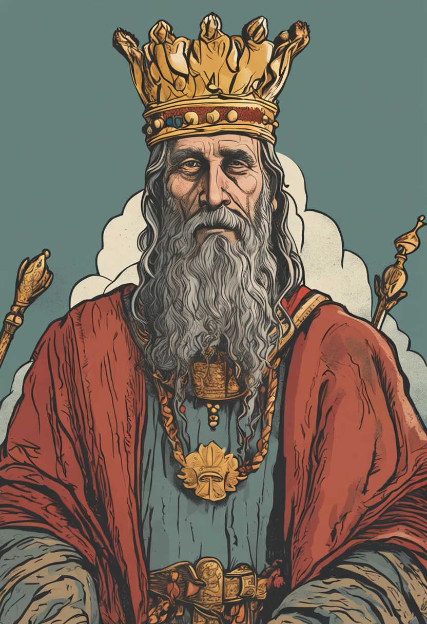 Cartoon close-up of a man with a crown on his head, rasputin as grubhub character, Richard IV of the Romans, Old kings of the Middle Ages, Inspired by Jean Fouquet, Inspired by Pietro Lorenzetti, Portrait of an old king in the Middle Ages, Richard King Lionheart, Inspired by Artune Sultan, Paintings of Samarkand