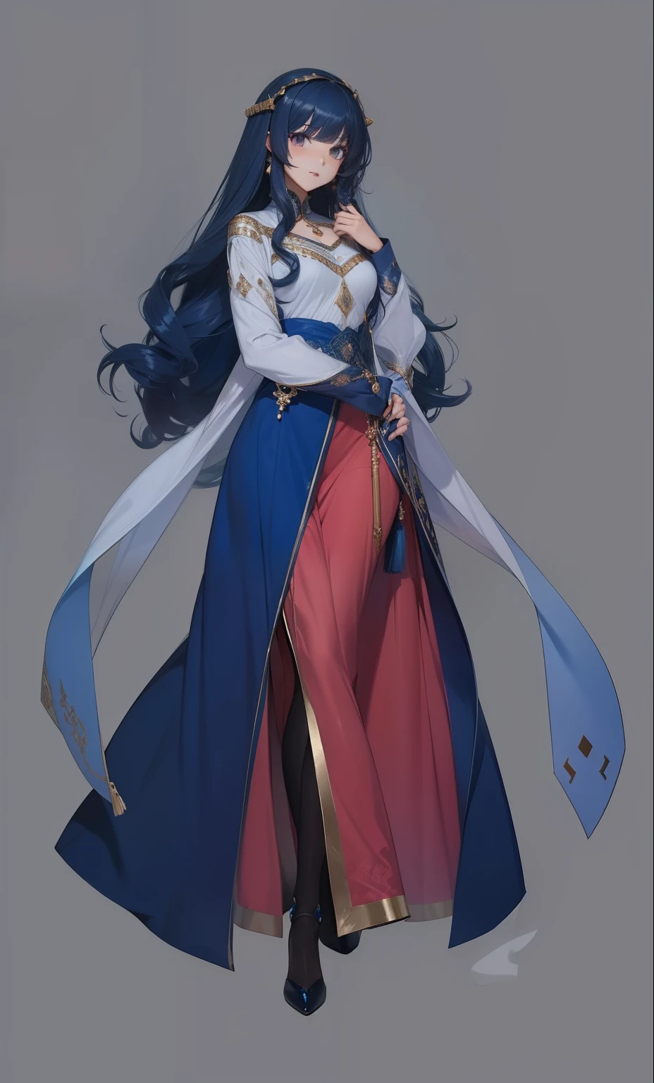 arabian girl, smart expression, long curly hair, deep blue hair