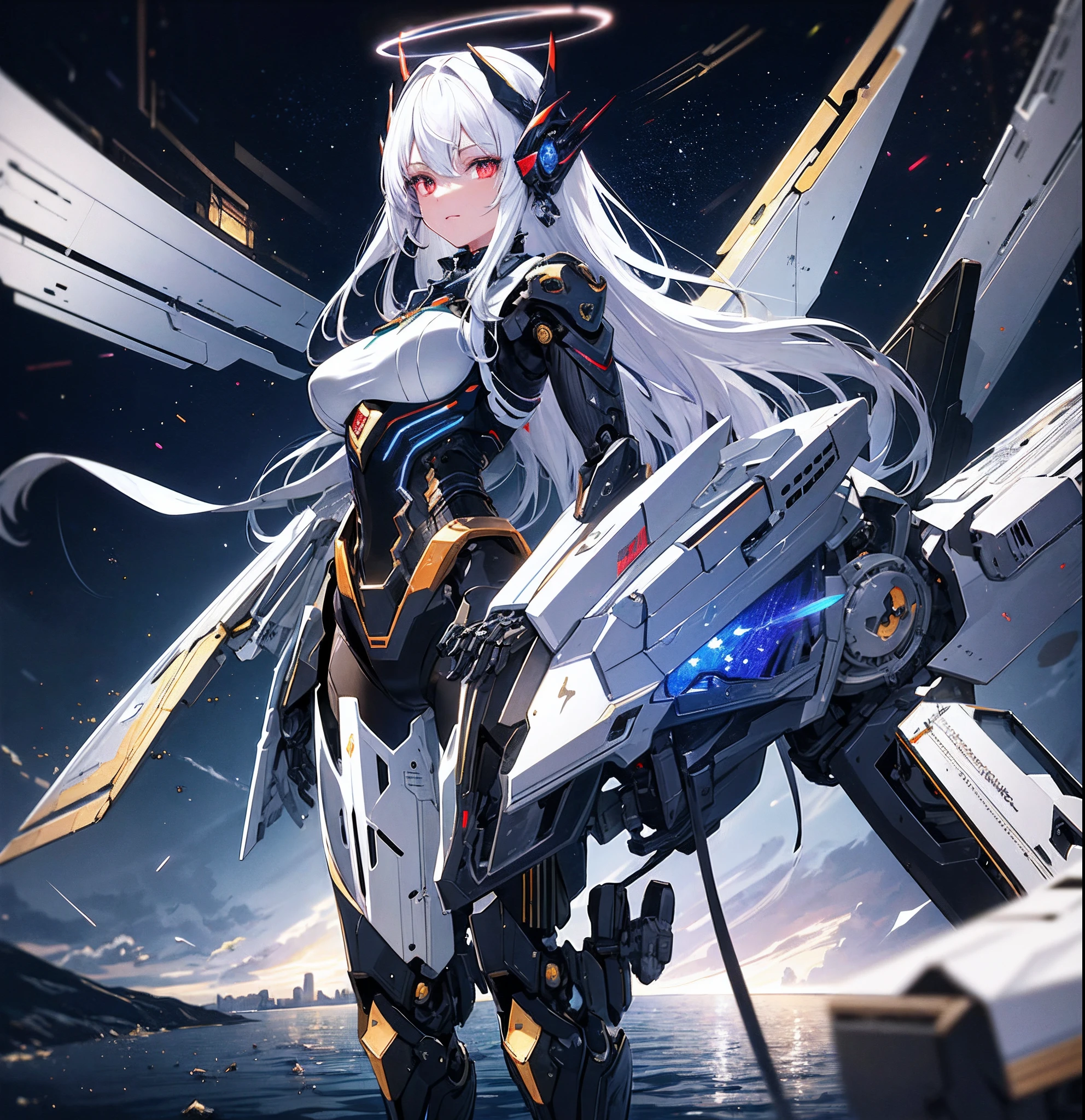 first-person view,long_hair,white_hair,red_eyes,white pantyhose,mecha girl,evening dress,,