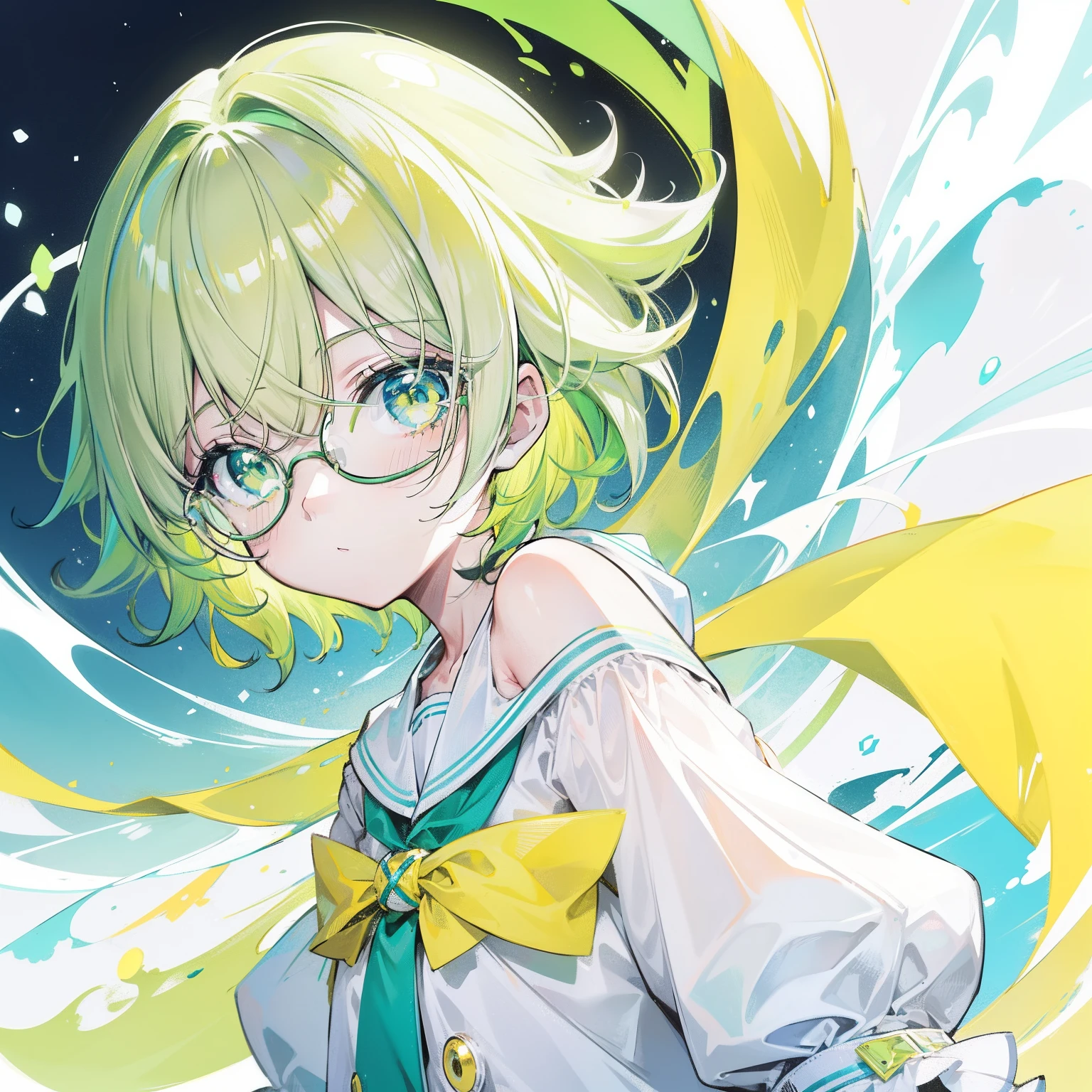 pastel green,short yellow hair,Fluorescent milky white,Blue-yellow pupils,Black thin-rimmed glasses,Yellow, Green and white clothes,Super nice looking, Especially cute and cute childish loli