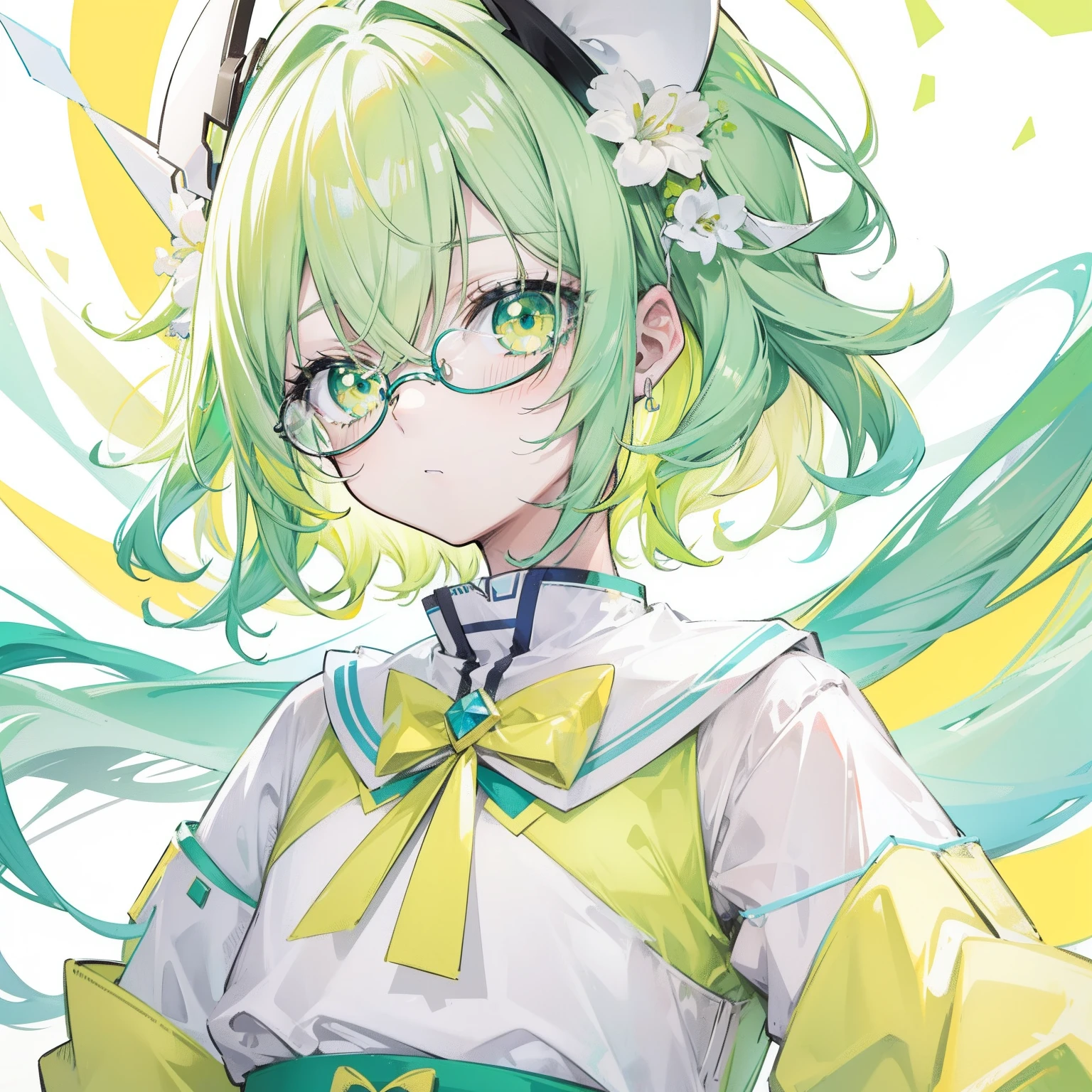 pastel green，short yellow hair，Fluorescent milky white，Blue-yellow pupils，Black thin-rimmed glasses，Yellow, Green and white clothes，Super nice looking, Especially cute and cute childish loli