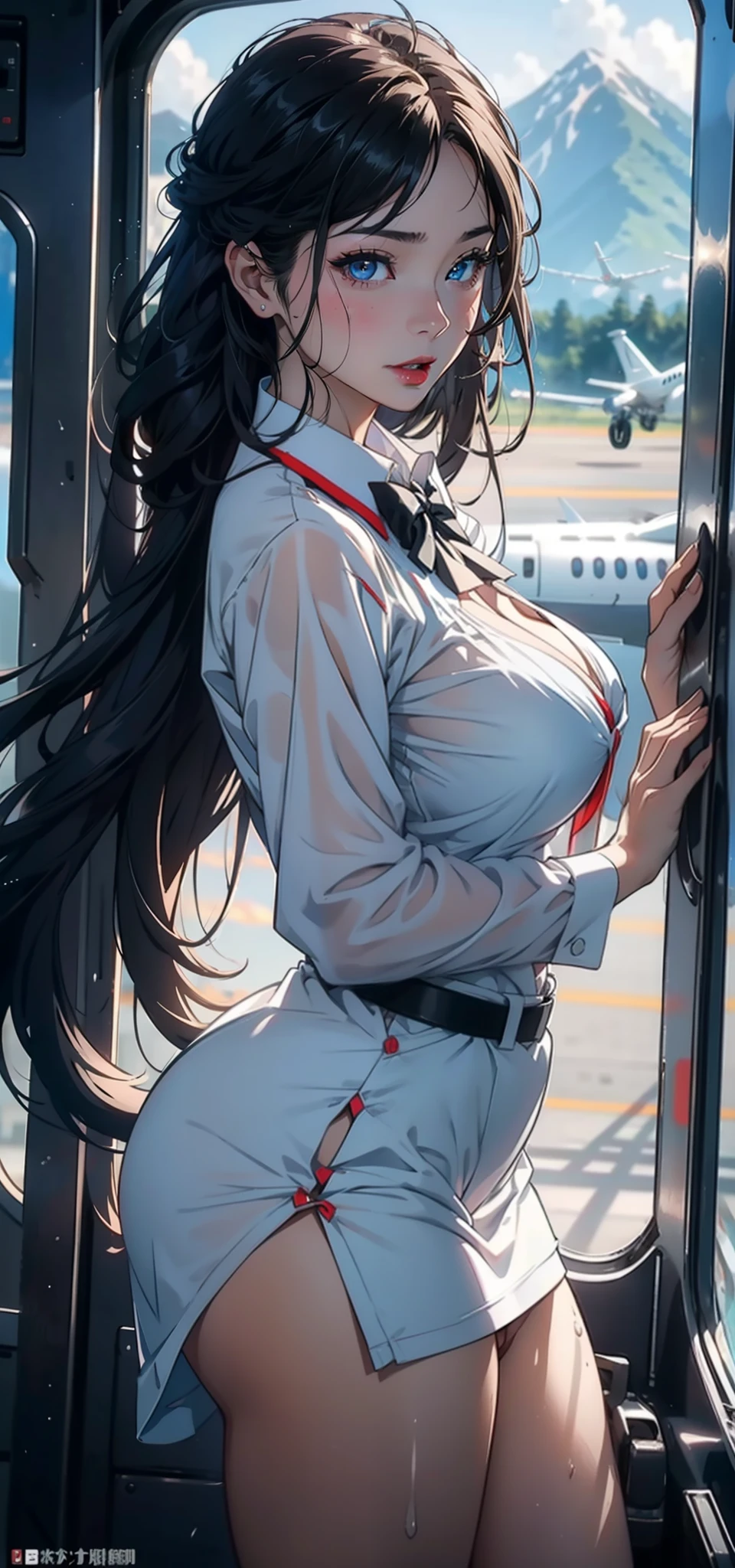 1womanl，33yo，熟妇，Bigchest，Raised sexy，Pornographic exposure， 独奏，Beauty contests，standing on your feet（Background with：aerodrome，snow mountains，Planes，at winter season，Blizzarding，Big snowflakes）in an airplane， She has long blonde hair，Long hair flutters in the wind，Redlip，dynamicposes，Sweat profusely，drenched all over the body，seen from the front， hair straight， mostly cloudy sky，（（（tmasterpiece），（Very detailed CG unity 8K wallpaper），best qualtiy，cinmatic lighting，detailed back ground，beatiful detailed eyes，Bright pupils，（Very fine and beautiful），（Beautiful and detailed eye description），Blue eyes，Redlip，ultra - detailed，tmasterpiece，）），facing at camera，（The upper part of the body），A high resolution，ultra - detailed），revealing breasts，Bare genitalia，  Bulge，legs are open，sexyposture，Camel toes，Flushed complexion，Open-mouthed，frontage，Japanese flight attendant（Wearing：White transparent flight attendant uniform，Large colorful bow tie，Sexy black miniskirt）