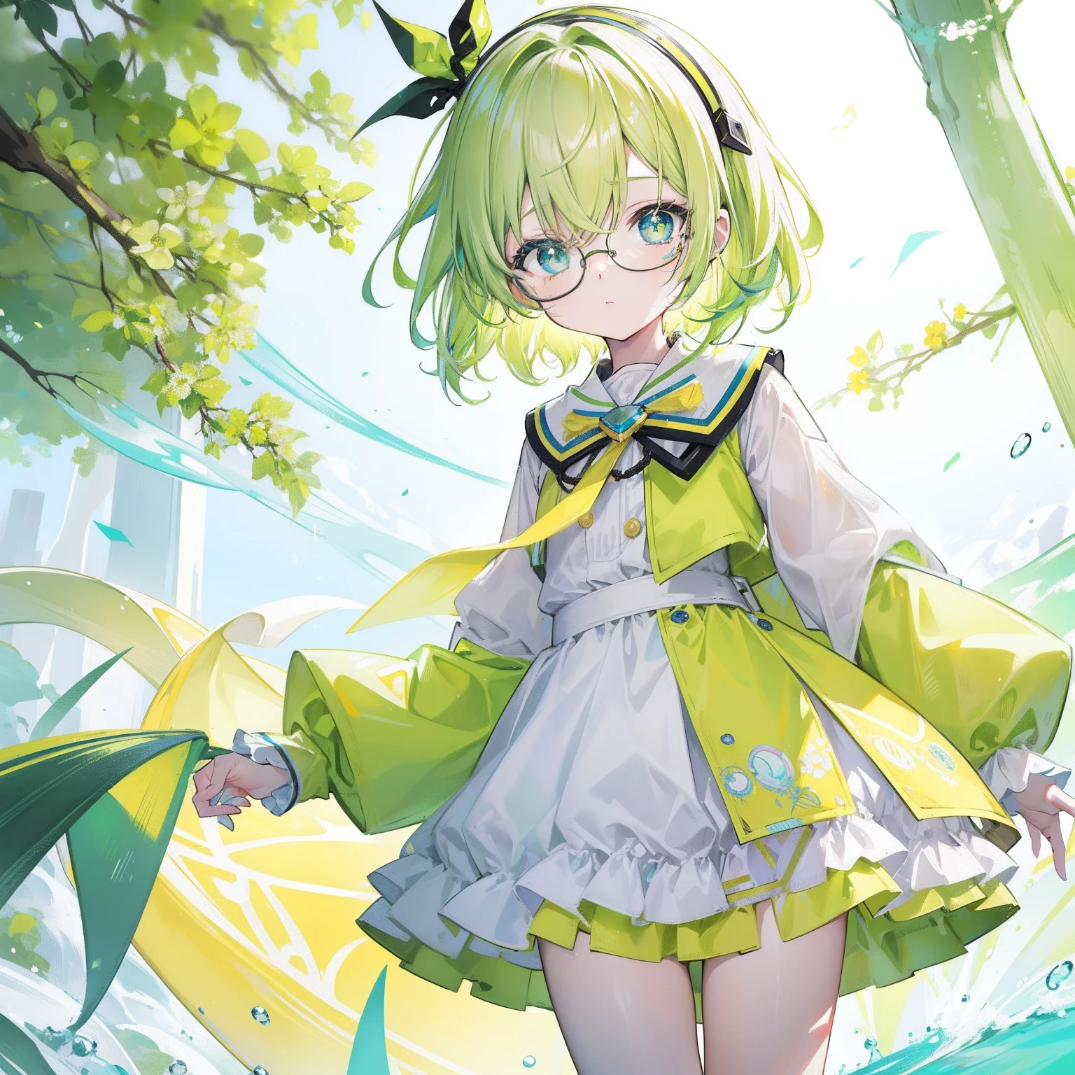 pastel green,short yellow hair,Fluorescent milky white,Blue-yellow pupils,Black thin-rimmed glasses,Yellow, Green and white clothes,Super nice looking, Especially cute and cute childish loli