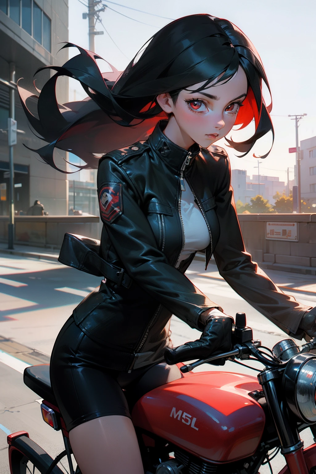 1girl, beautiful girl, Body Length 150 cm, 20 years old, (black hair, Rebel Hairstyle) , (Red eyes), realistic eyes, beautiful and sharp eyes), masculine clothing, Biker clothing, medium breasts, (8k wallpaper), (Street wallpaper) 8k, high quilty, realistic, beautiful realistic, Cool details, raw photo, realistic clothing, black hair, realistic hair, realistic eyes, Light and cool lighting, photo realistic, Cel shaded, Gel lighting, ultra details, ((Riding a bike on the street)), (in the morning)
