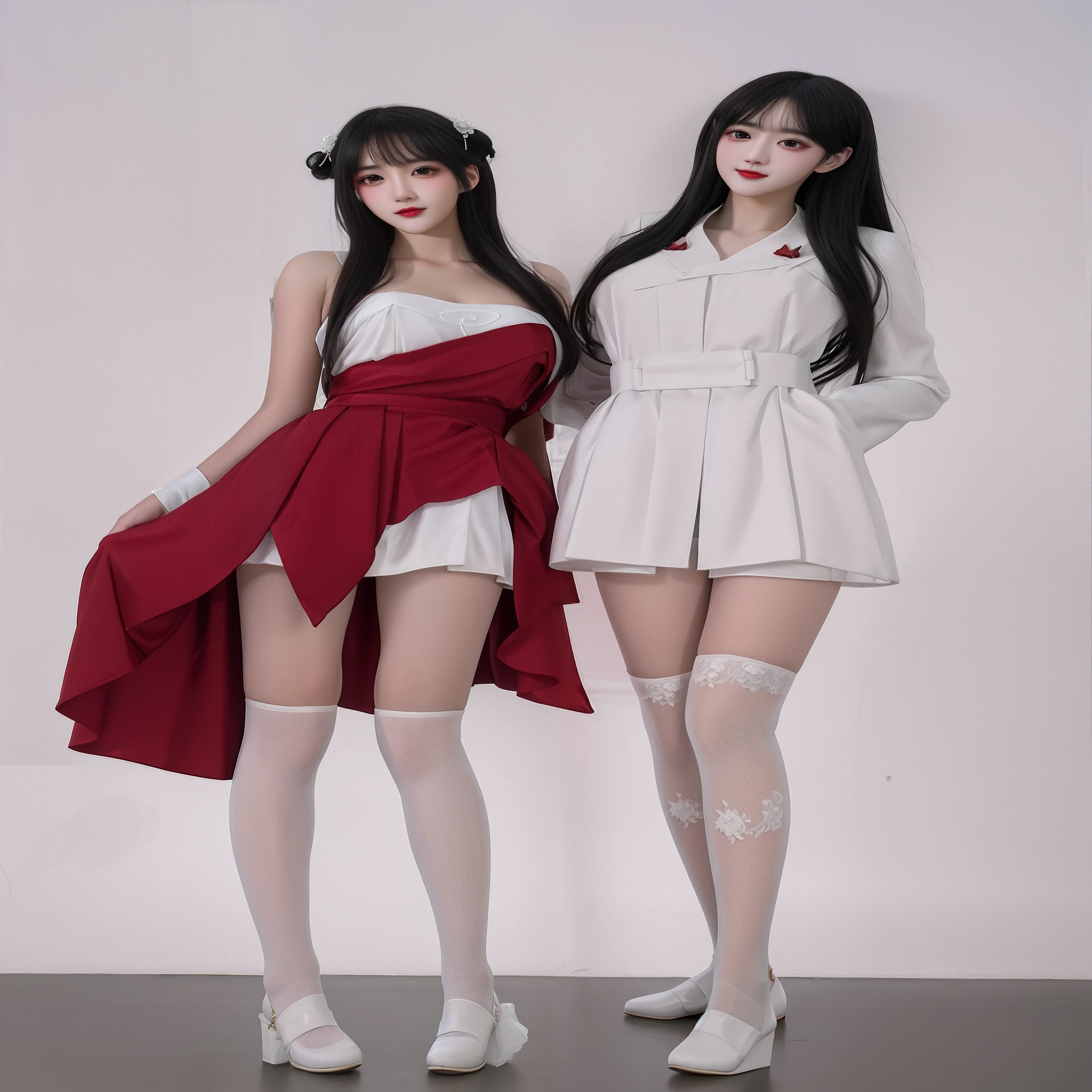 2 8 year old girls, twins, red and blue backgrounds, maid outfit, white shawl, cute outfit, shorts, character focus, Tyndall effect, cinematic lighting,