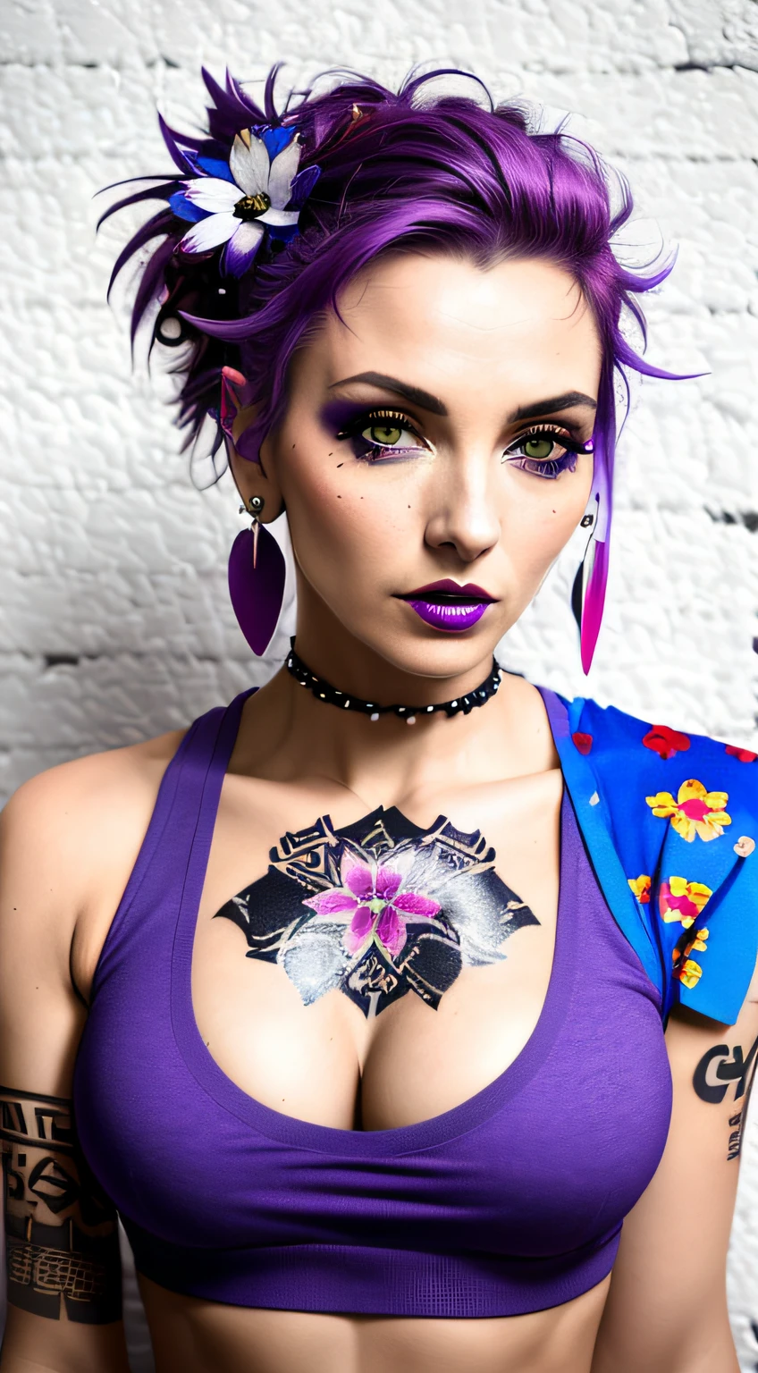 photography of a beautiful punk woman with flowers in her hair. (from above:1.2).(close up) . deep cleavage, wearing a lethered crop top , wearing earing,dark purple-red-blue color, punk woman with runic tattoos,(captivating expression). blury background. slim, (small breasts), (t-shirt, open vest, midriff)