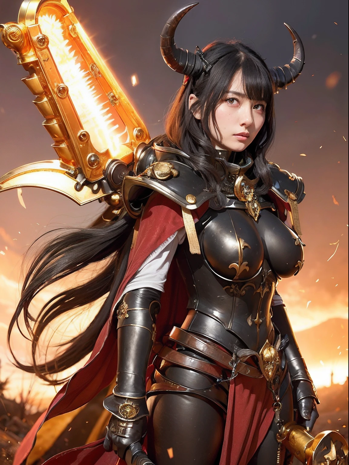 Professional , ​masterpiece、top-quality、photos realistic , depth of fields 、(A dark-haired) 、（Gemstone White Metal Body:1.4),(Matte Black、Jewel Gold Weapon（Jewel Metal Body:1.４),Gorgeous metal weapons ,Particles of light、（Fight dragons）、（Black wings）、（（ Detailed and gorgeous sword of the brave）） ,Light Effects、intense fighting、Wind-effect、magic circles、 (A dark-haired)  ,warhammer 40k ,Detail and ornate jewel crown、With the legendary magic wand、Dragon's tail、explosions、（（Micro Bikini Armor））、（（Gangle's forest background））、Beautiful Caucasian beauty、１a person、dynamic ungle,(((Details of the two demon horns on the head)))、Smaller head、A smile、Background inside the castle、Thin and beautiful female hands、cleavage of the breast、Soldier in iron armor on background、Mystical expression、Light Effects、Wind-effect、With the legendary magic wand、（wingspan）、Toostock、Anatomically correct body、