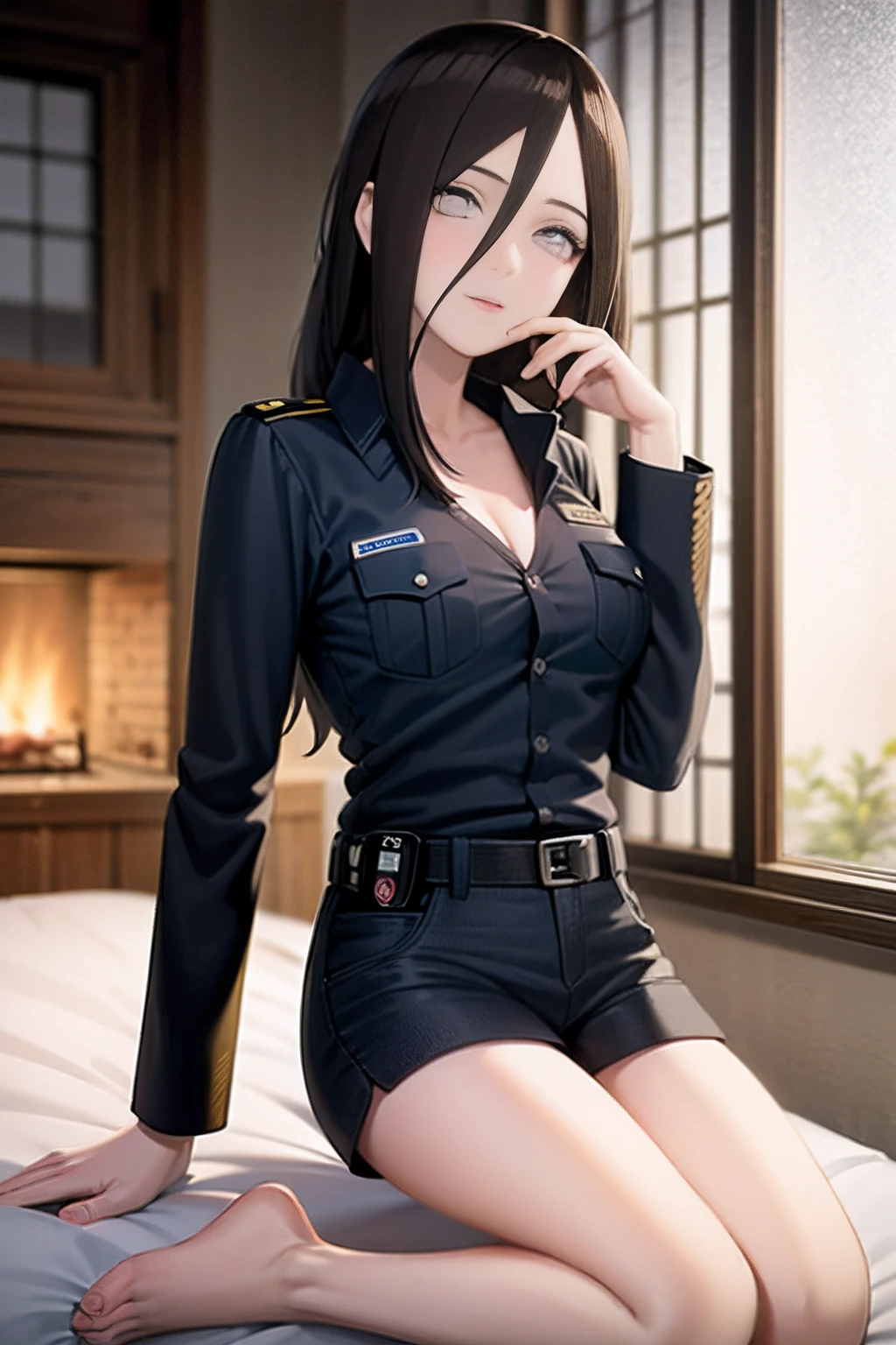 Masterpiece, Highly detailed, Best quality, 超高分辨率, 1girll, Solo, （Snow outside the window，By the fire，perspire，Be red in the face），(Medium breasts), Breasts, (Hana than Hinata:1), （inside dojo），(Police uniform，Ultra shorts，sit on a bed，Kneeling，围巾), cleavage, From the front side，Sat down，Black eyes，White eyes white