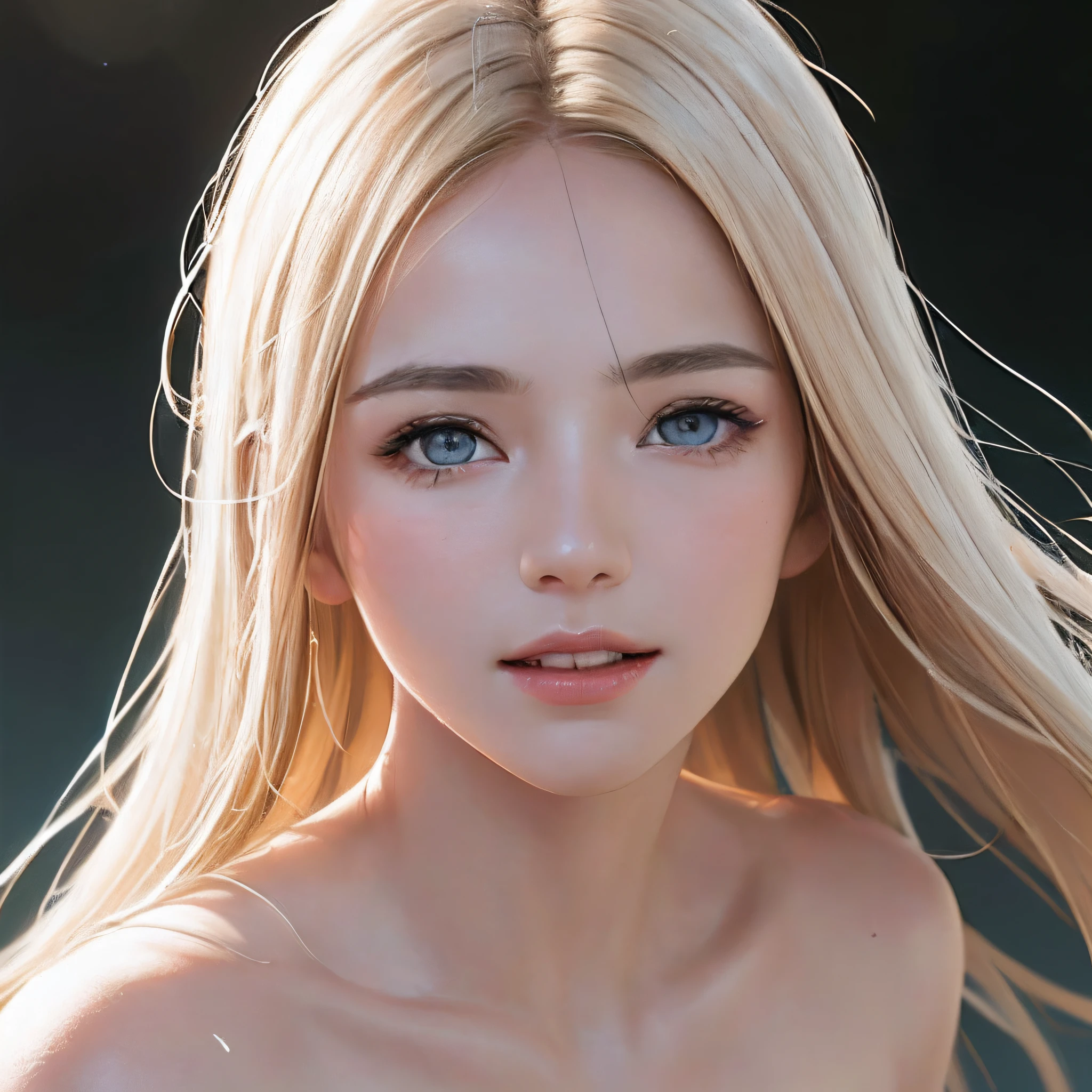 (8K, RAW Photos, of the highest quality, Masterpieces: 1.2), (Realistic, Photorealistic: 1.37), Highest Quality, Ultra High Resolution, light  leaks, Dynamic lighting, Slim and smooth skin, (Full body:1.3), (Soft Saturation: 1.6), (Fair skin: 1.2), (Glossy skin: 1.1), Oiled skin, 22 years old, Night, shiny white blonde, Well-formed, Hair fluttering in the wind, Close-up shot of face only, Physically Based Rendering, From multiple angles, A big smile, super girl、miniture, Red Eye Mask, (Open your eyes:1.8)