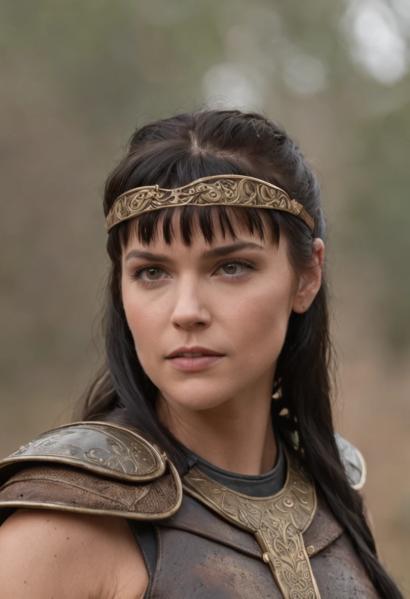 Uma mulher guerreira com cabelos de franja para frente e com armaduras da xena super detalhada e realista. ::n_desenho, Imperfection, baixa qualidade, boneco, jogo, anime, rosto da xena.