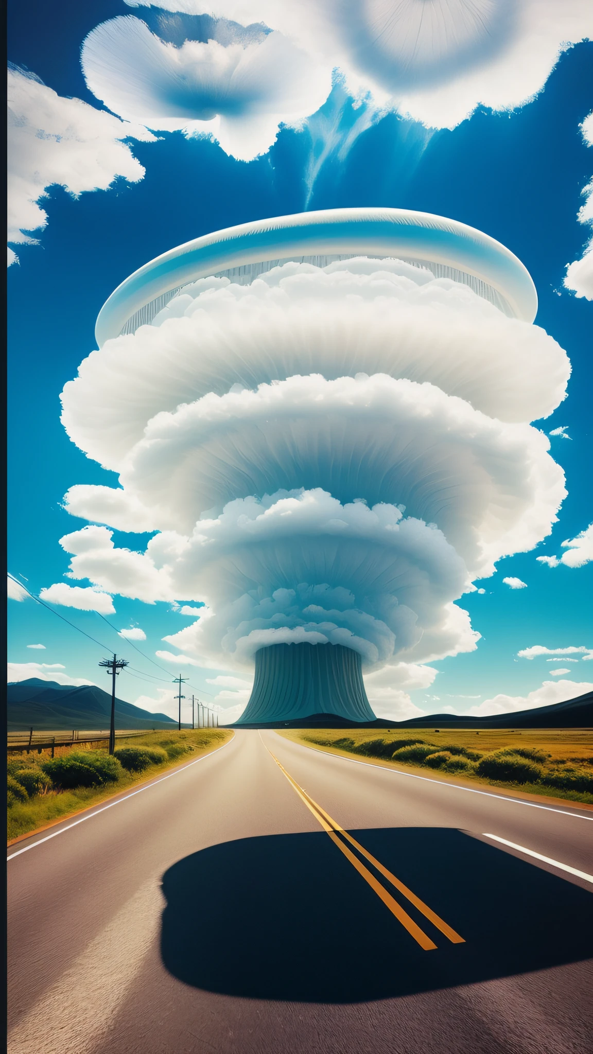 Close-up of cloud-shaped object floating on road, cloud vortex, Nuclear cloud, mushroom cloud,  Undulating clouds,billowing clouds, Beautiful tornado, amazingly epic visuals, Nuclear explosion!!!, giant clouds, jellyfish pheonix, jellyfish pheonix, space jellyfish, beautiful image ever created，high detal，8K，hyper realisitc，Highly realistic，超高分辨率