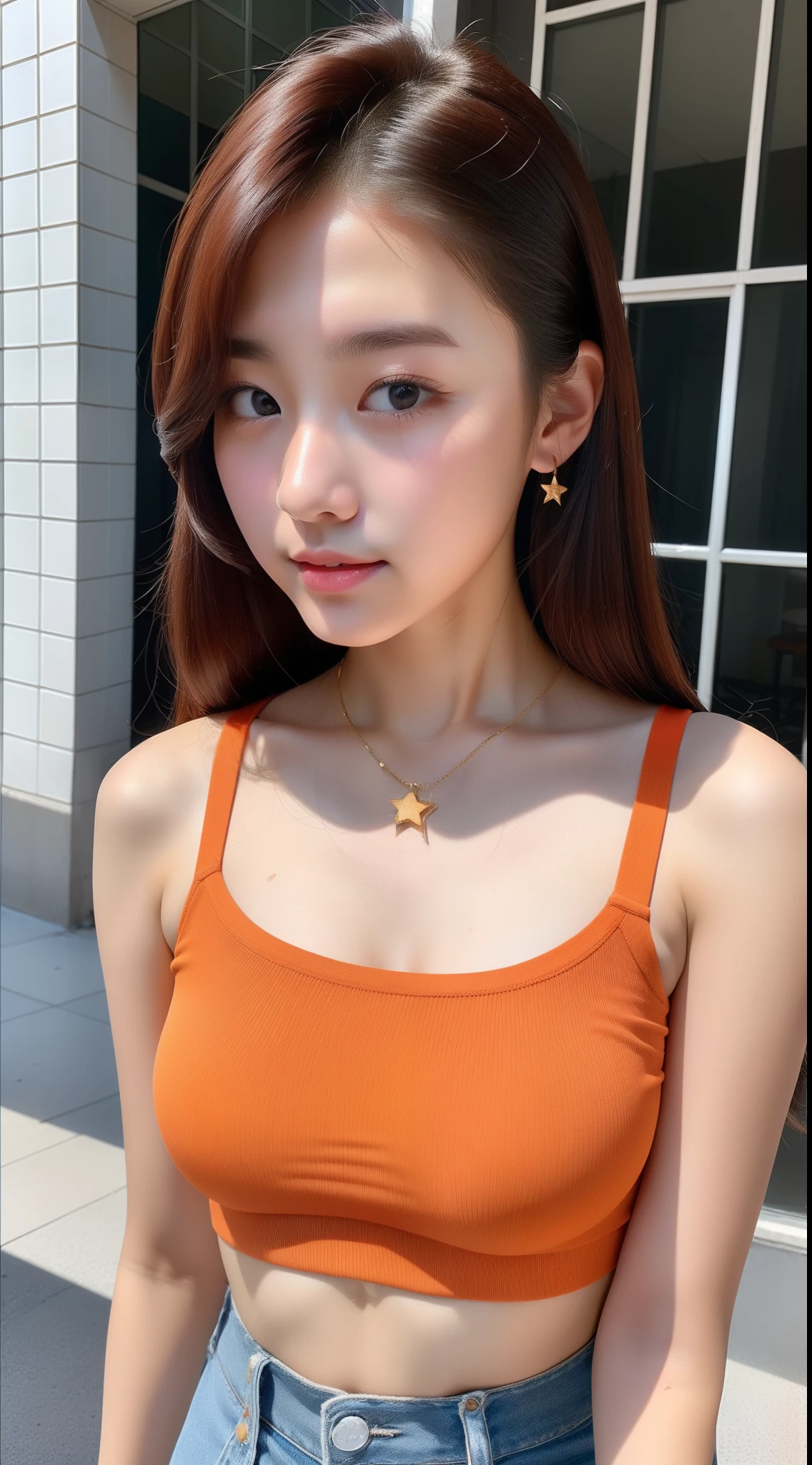 realistic photos of (1 cute Korean star), hair two side up, white skin, thin makeup, 32 inch breasts size, wearing orange striped crop top, sitting in front of the building, close-up, 16k