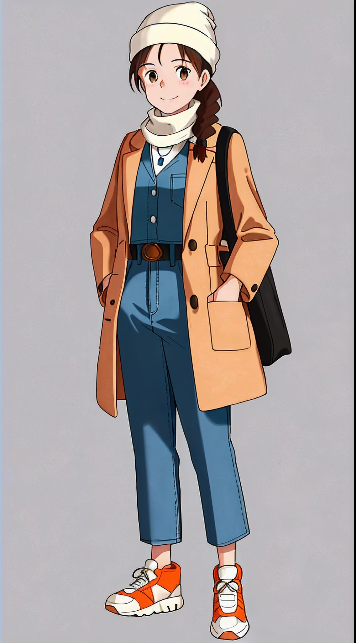 3 girls, Hat, Sneakers, Coat, White background, Brown hair, bag, Braid, Brown eyes, Smile, Blush, Cropped pants, Denim, Simple background, Shoulder bag, Brown coat, Socks, Scarf, Long sleeves, standing on your feet, jewelry, dress, Hand in pocket, white headscarf, full bodyesbian, Double up braid, long whitr hair, Show forehead,Smiling, double-ponytail, Fashion down jacket, necklace, White footwear, Black dress, orange scarf
