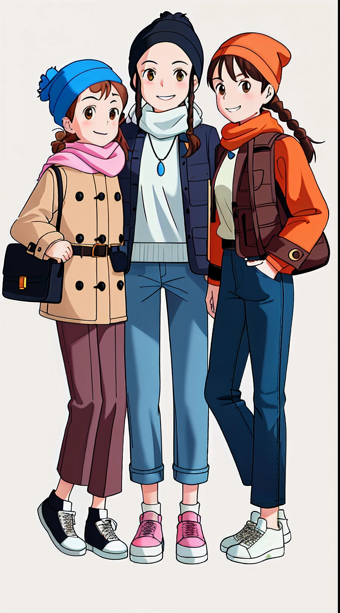 3 girls, Hat,  Sneakers, Coat, White background, Brown hair, bag, Braid, Brown eyes, Smile, Blush, Cropped pants, Denim, Simple background, Shoulder bag, Brown coat, Socks, Scarf, Long sleeves, standing on your feet, jewelry, dress, Hand in pocket, white headscarf, full bodyesbian, Double up braid, long whitr hair, Show forehead，Smiling, double-ponytail, Fashion down jacket, necklace, White footwear, Black dress, orange scarf