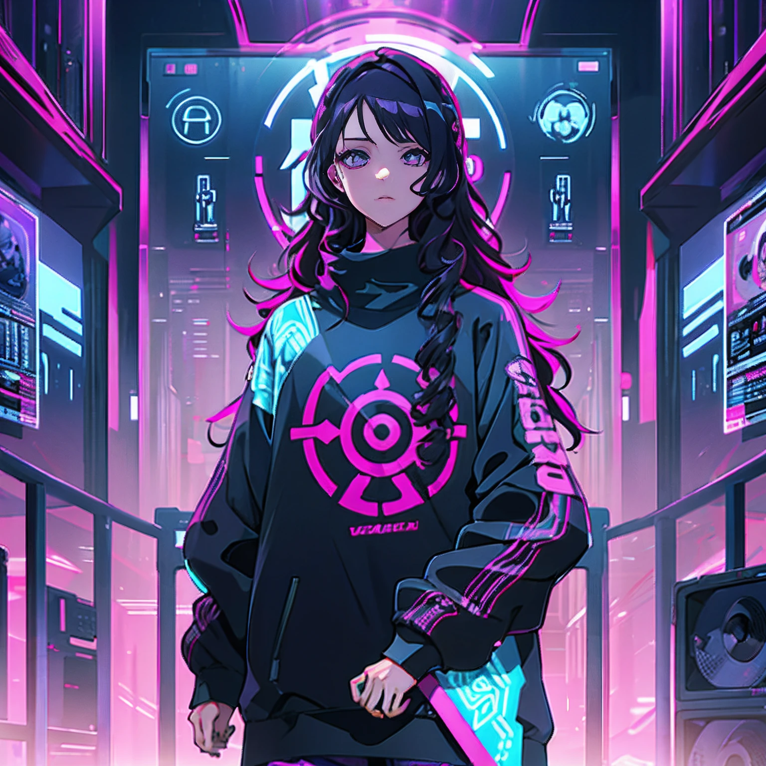 Menina anime branca usando fones de ouvido pretos com asas de abelha com luzes led rgb, Medium-sized curly black wavy hair, sardas, covinhas, Purple eyes, Oversized black sweatshirt with cool design pattern, large eyelashes, DJ gamer menina, estilo phonk com detalhes em neon em torno futurista, asas de abelha em cada lado do fone de ouvido, rosto fechado para cima