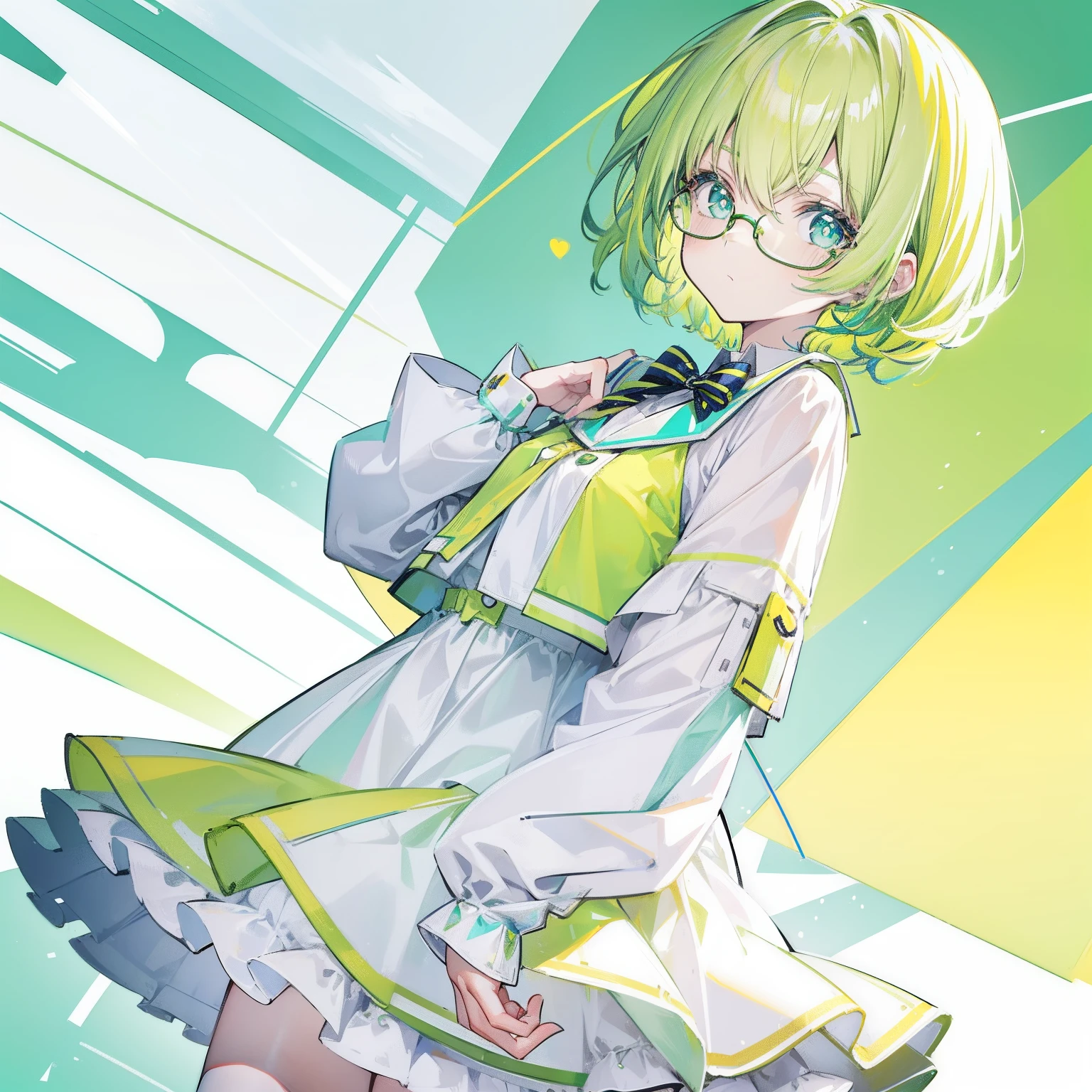 pastel green，Short yellow hair，Fluorescent milky white，Blue-yellow pupils，Black thin-rimmed glasses，Yellow, green and white clothes，Super nice looking, Especially cute and cute childish loli