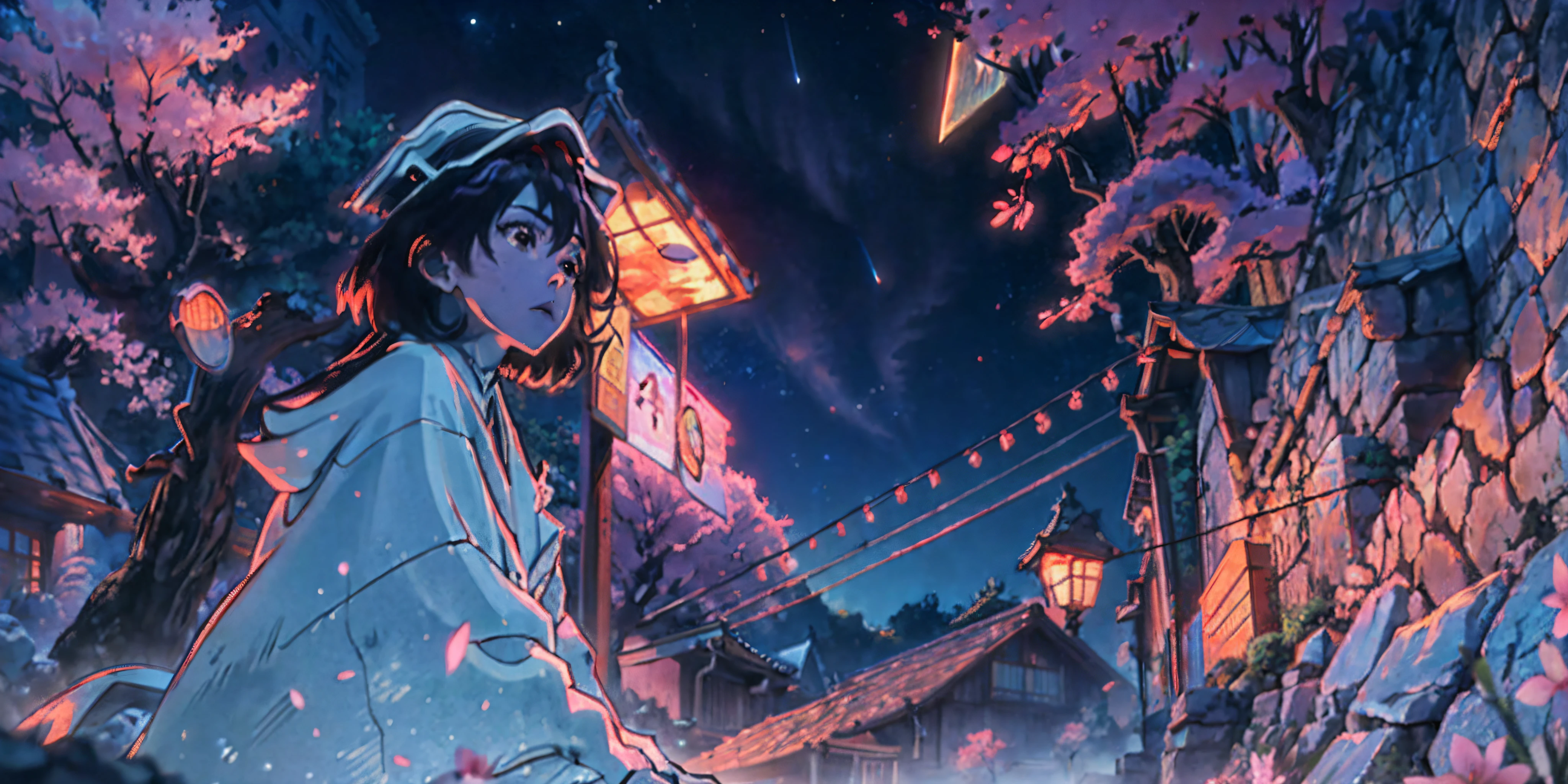 Linemoto cherry blossoms (night), (highly detailed CG unified wallpaper 8k) (highest quality), girl looks up at the night sky (best illustration), bright colors (best shades), jungle, water, natural beauty, oasis of tranquility, cherry blossoms, super detail, antique porcelain, jade, castle, starry sky, , ray tracing, masterpiece, highest quality, super quality, absurd details, best light, best shadow, sharp, sharp images, details, Very detailed, high resolution, 8k, 4k, UHD, volumetric, bright sprite, (particle effects), (nighttime) --v6