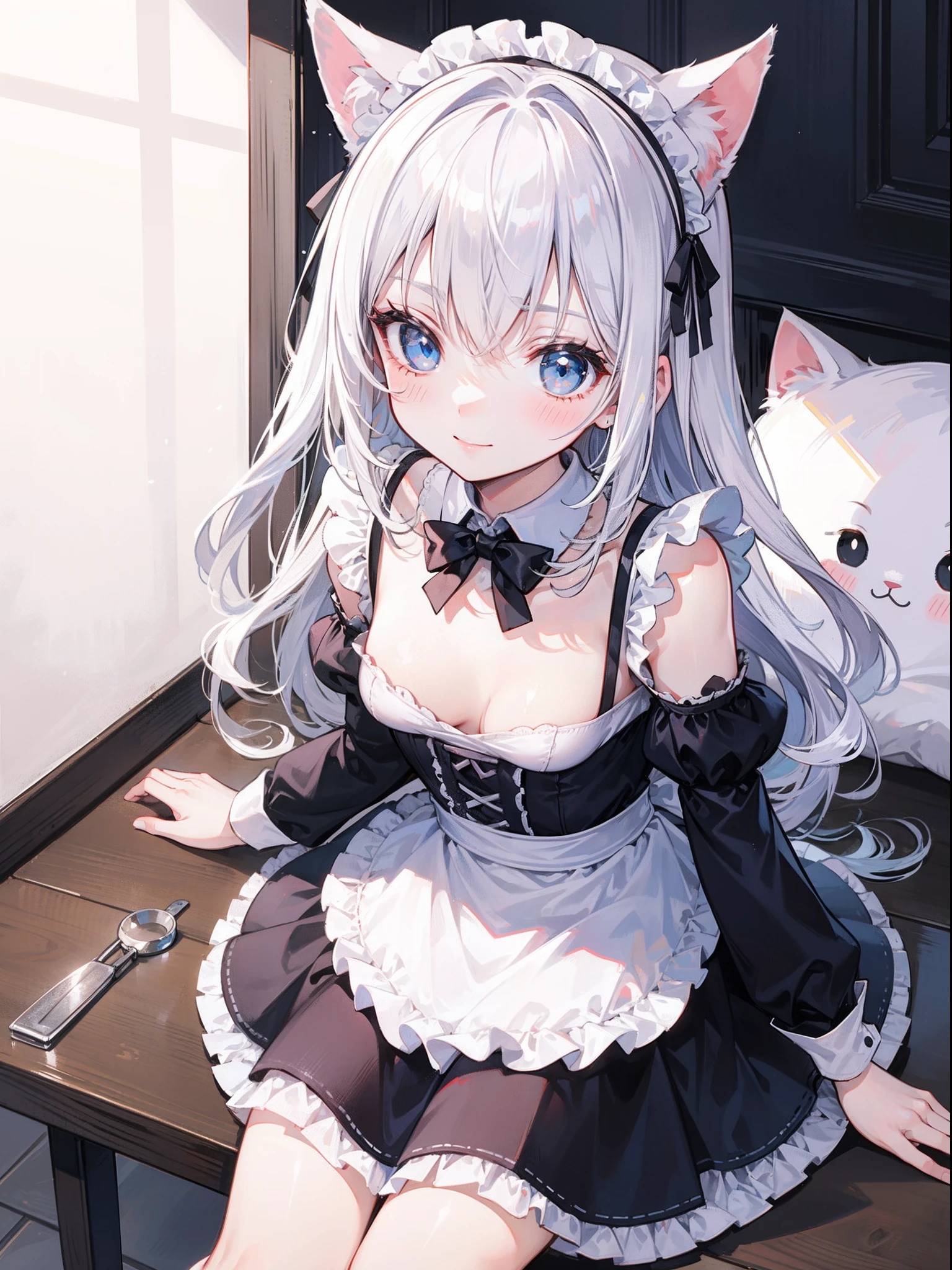 Best quality, super precision, One girl, Blue eyes, White hair, Young, , Cute, maid, maid costume, Blush, Natural smile, Teenuncensored, Cat's ears, Small breasts, Look up at you, cleavage, Pure, obedience, Sitting, Sit gracefully