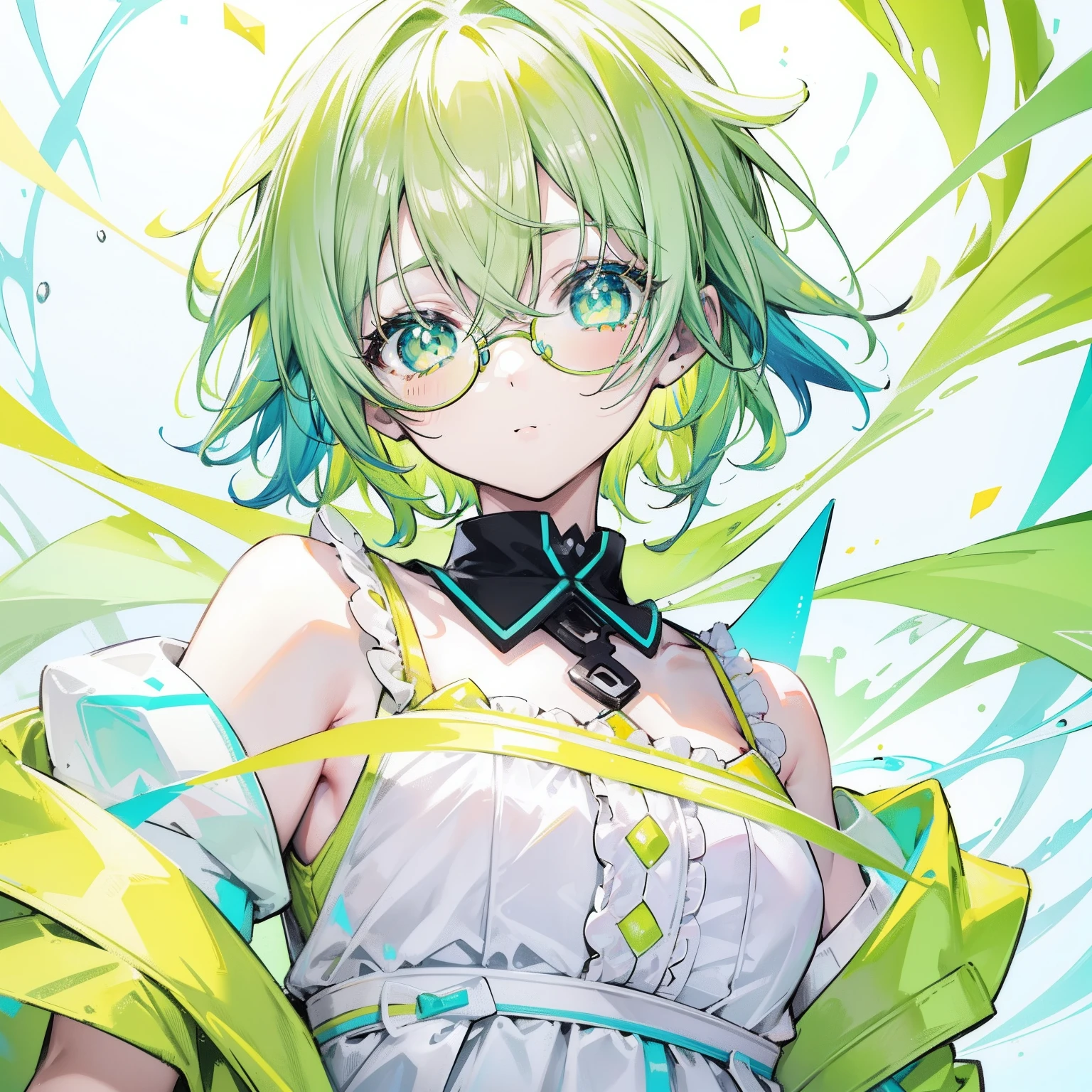 pastel green,short yellow hair,Fluorescent milky white,Blue-yellow pupils,Black thin-rimmed glasses,Yellow, Green and white clothes,Super nice looking, Especially cute and cute childish loli