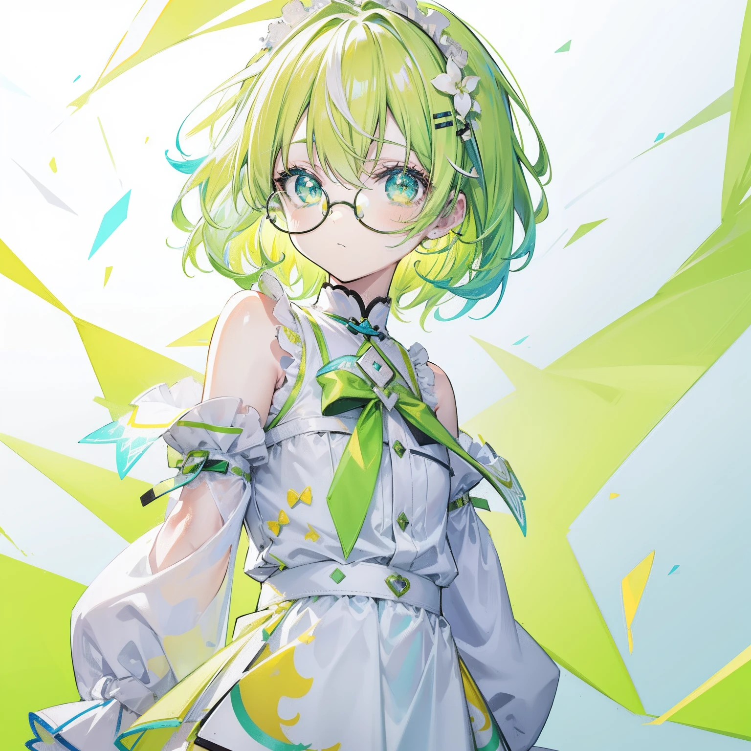 pastel green,short yellow hair,Fluorescent milky white,Blue-yellow pupils,Black thin-rimmed glasses,Yellow, Green and white clothes,Super nice looking, Especially cute and cute childish loli