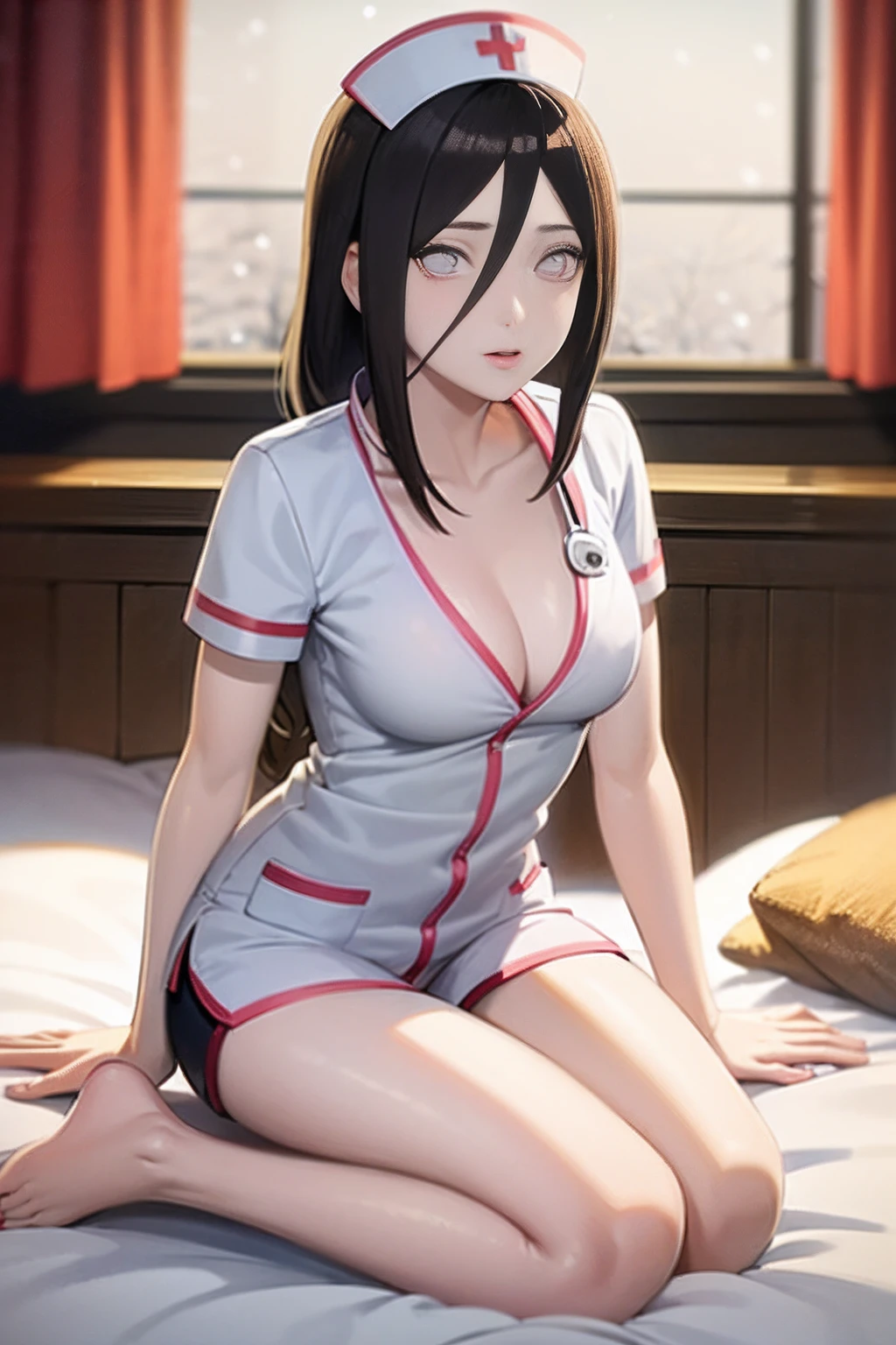 Masterpiece, Highly detailed, Best quality, 超高分辨率, 1girll, Solo, (Snow outside the window,By the fire,perspire,Be red in the face),(Medium breasts), Breasts, (Hana than Hinata:1), (In the hospital,hospital bed),(Nurse's uniform,Ultra shorts,sit on a bed,Kneeling,围巾), cleavage, From the front side,Sat down,Black eyes,White eyes white