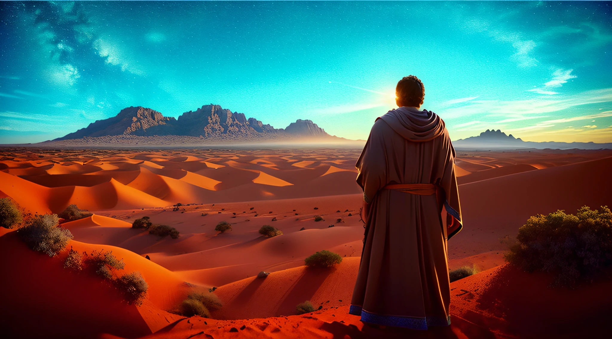 A man in a robe standing in the desert looking at the desert - SeaArt AI