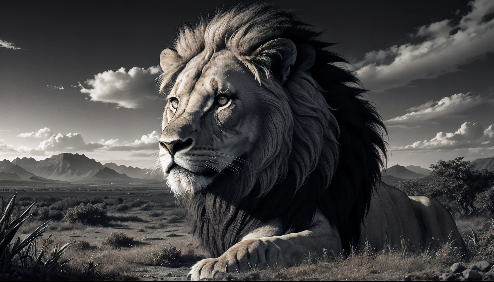 one person by a lion in a jungle| dark landscape background; panoramic scale | anime art and detailed skies | sandpunk | RTX on | monochrome yellow