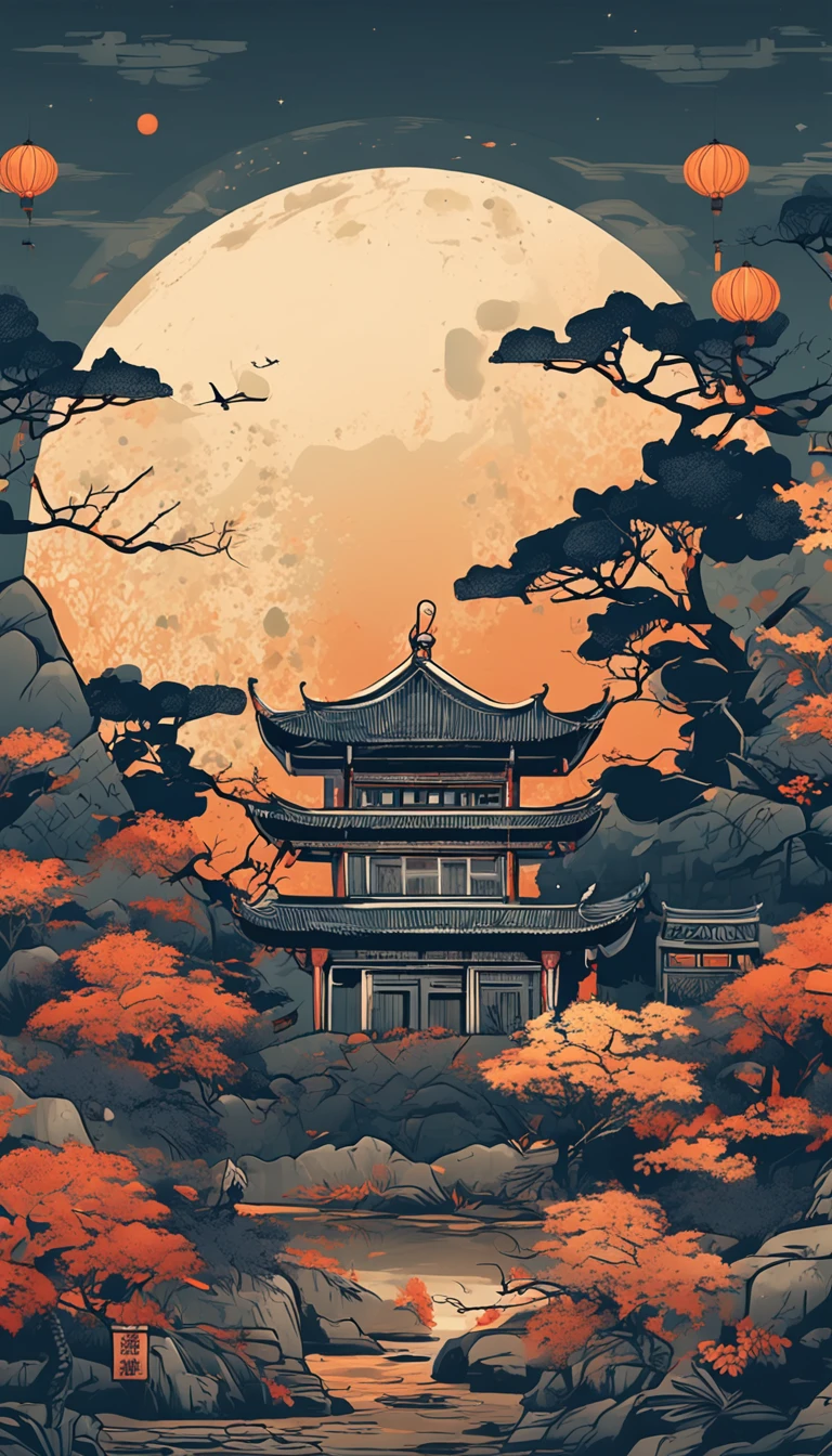 autumnal,full moon,traditional Chinese festivals,An idyllic Chinese mural, em cor azul escuro,nighttime scene, Layered landscape, monumental murals, Ricoh FF-9D, Golden Age aesthetics,The picture is clean,Leave white space