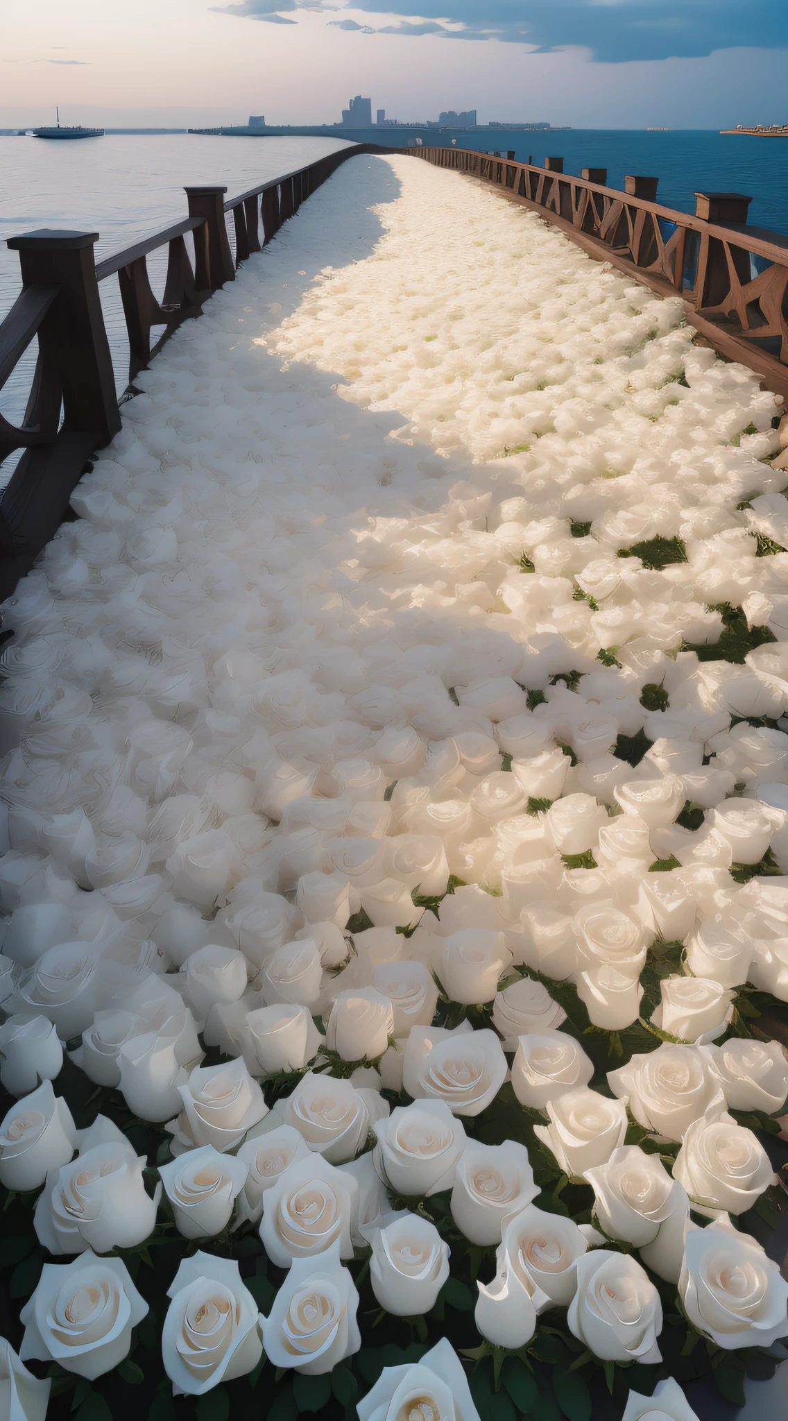 in the early morning,A pile of white roses on the sea,Sea of roses,extending into the distance,sky bridges,Piles of flowers,Daylight,high qulity,tmasterpiece,The picture quality is clear,the detail,hentail realism,Realistic painting style
