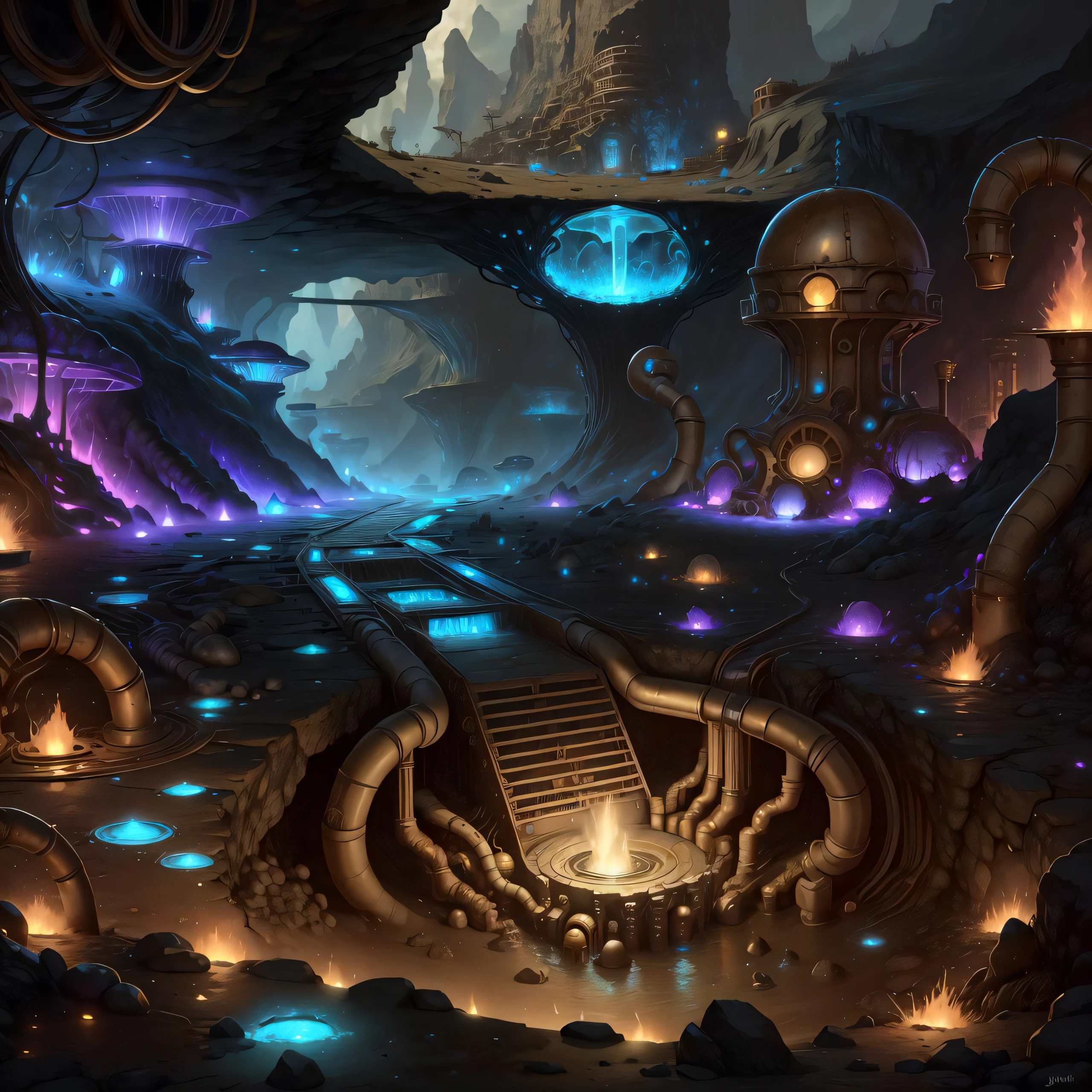 dwemertech, brass,underground, (lava sea), planet core ,street,