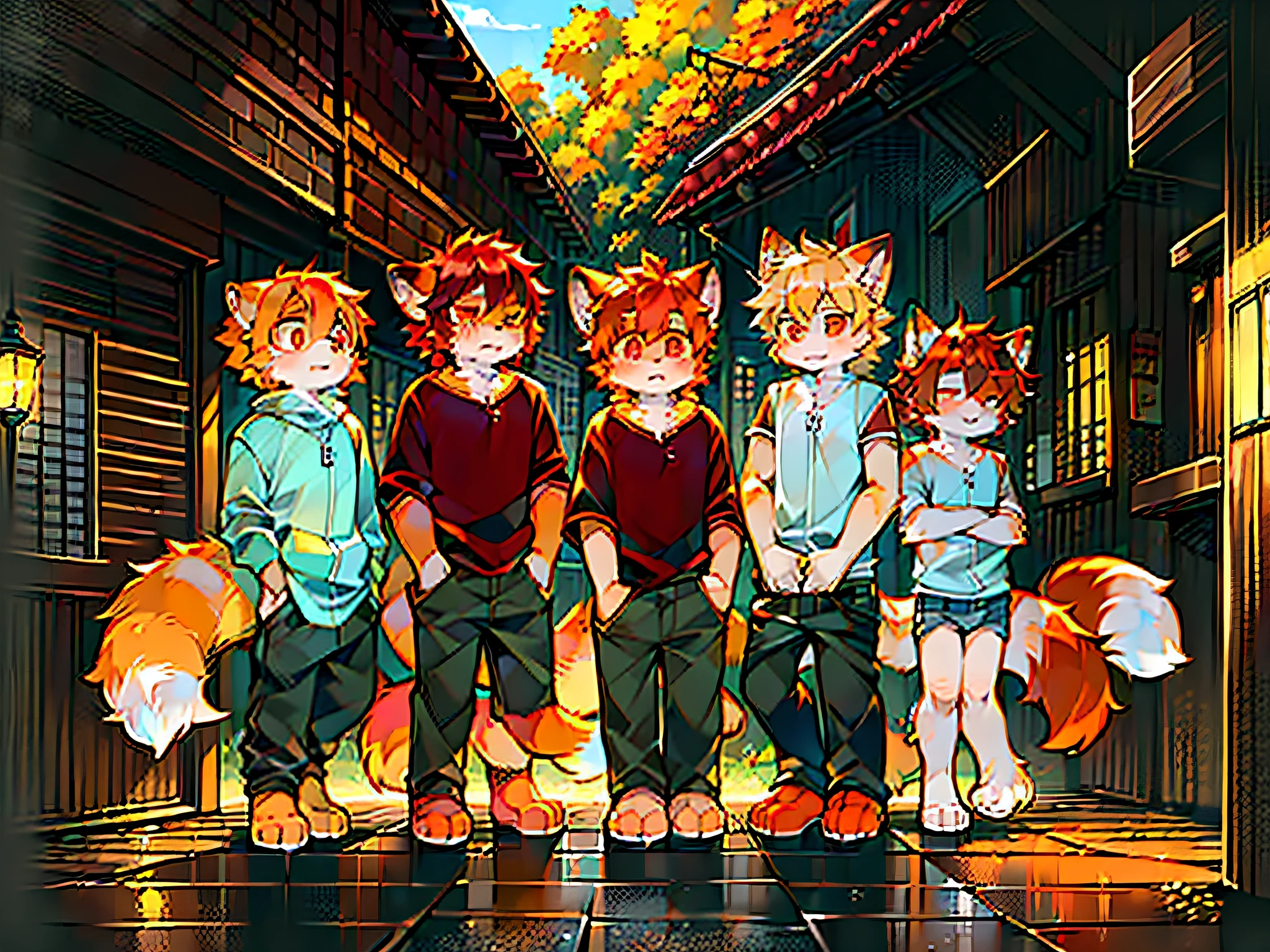 (Bright environment:1.4),masterpiece,high quality,abstract res,digital painting\(artwork\), by dagasi, yupa,kiyosan,(anthro,fluffy fur,character focus:1.1),anthro male cat,short hair,portrait , eyes with brightness, in a panoramic view, Character focus.(detailedbackground:0.9), 独奏,multiple penises,shaggy, shaggy male, malefocus, anthr,(Full Body Furry, Fluffy tail,Yellow-orange tail, Yellow fur, red color eyes, Orange hair:1.5), (long canines、youth、shorter pants:1.2),(Sunnyday、the street、shorter pants、夏天,:1.1)