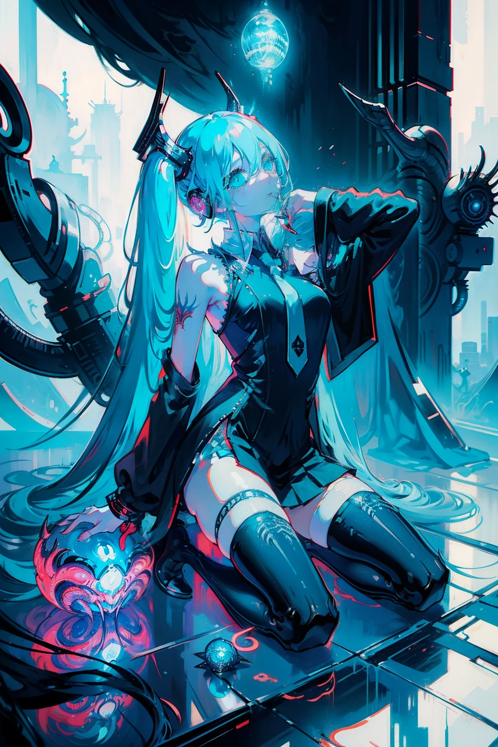 masterpiece, intricate detail,best quality, chromatic aberration, 1girl, solo, skirt, hatsune miku, long hair, thighhighs, twintails, detached sleeves, necktie, thigh boots, shirt, boots, black skirt, kneeling, sleeveless, headset, aqua eyes, pleated skirt, aqua hair, full body, sleeveless shirt, simple background, zettai ryouiki, very long hair, white background, tattoo, black footwear, black thighhighs, hair ornament,(Zdzislaw Beksinski:1.4),(h.r.giger:1.4)