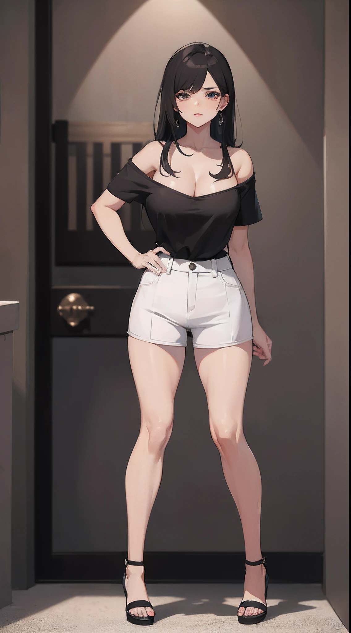 Highest quality,high resolution,2d,(Cel animation style),One woman,30 year old Asian female,(Straight long black hair),((Black tank top and denim)),((Shorts)),((holding a pistol in both hands)),(Skull Necklace),Black sneakers,(Beautiful face with slits 1.3),Black wristband on left wrist,Beautiful Style,Glamorous Body,(Larger breasts),(((Holding a cigarette)))