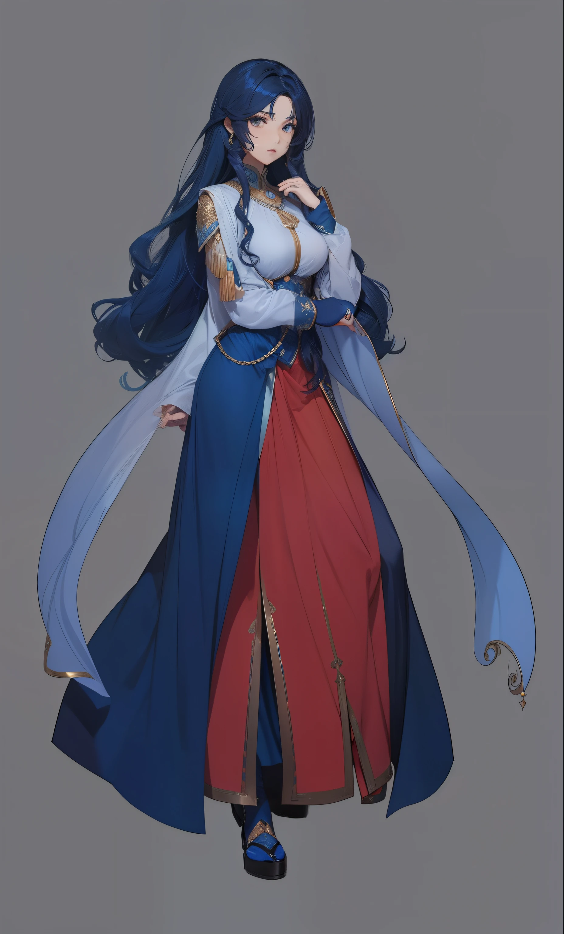 Arabian girl, smart looking, long curly hair, deep blue hair, serious expression