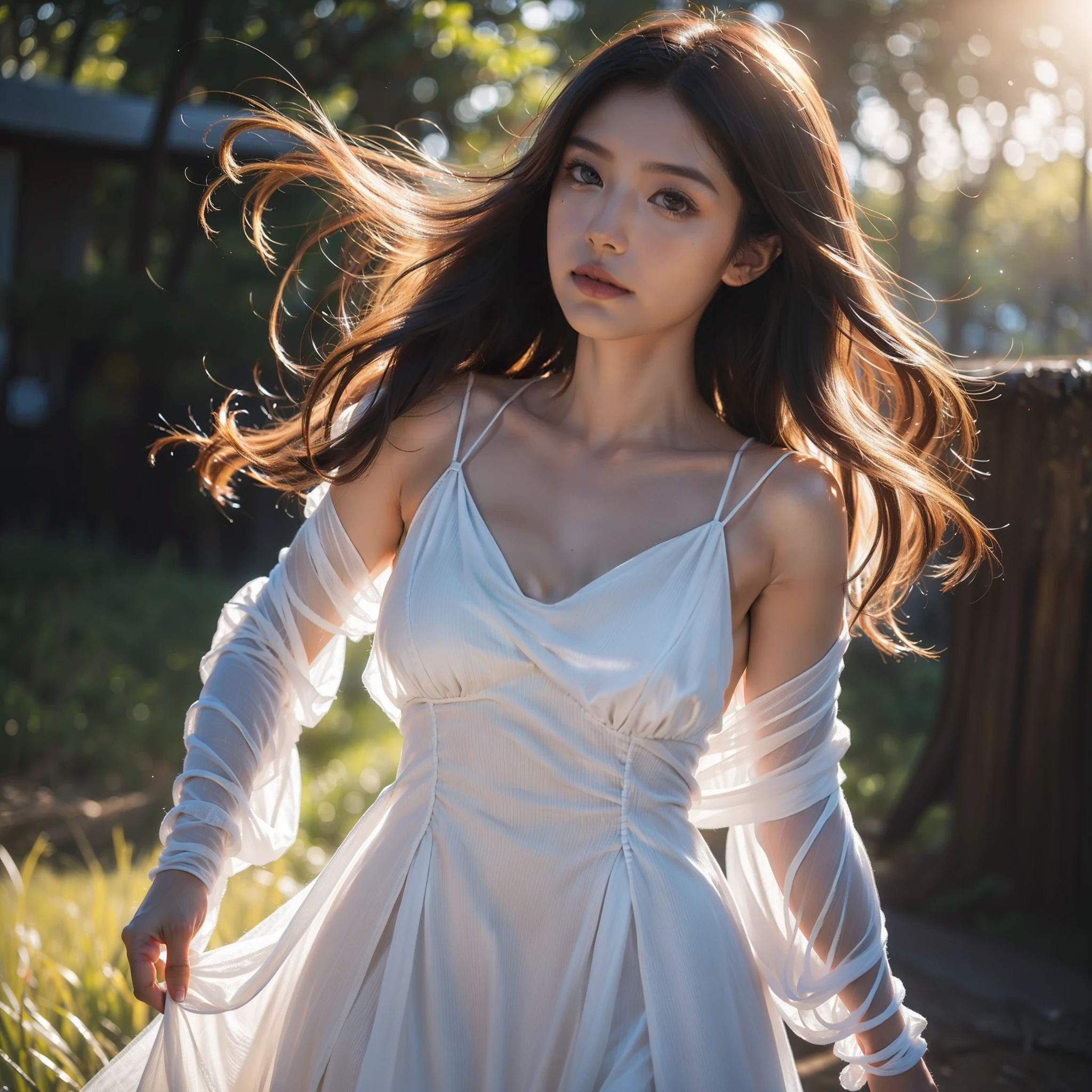 Imagine an exotic-looking model, clearly not of this world, wearing a dress that appears to be woven from solar energy itself. The model's skin is an iridescent shade of pale blue, with subtle silver highlights that move like aurora borealis across its surface. Her large, expressive eyes have vertical pupils, emitting a soft glow that intriguingly illuminates her face. The dress is a breathtaking creation, composed of thin strips of solar energy that seem to undulate and intertwine, forming a kind of living weave. The light of the "fabric" is constantly changing, passing through a palette of dazzling colors such as the fiery amber of the setting sun, the bright yellow of midday and the orange and red hues of dawn. The dress has no fixed shape, but flows around the model's body like dancing flames, always in motion and emitting a comforting warmth. As she moves, beams of sunlight create mesmerizing patterns and glow in harmony with her alien movements. The model's makeup follows the same unique aesthetic. Subtle lines of light adorn her face and her lips are a soft, almost translucent hue that seems to reflect the light of the dress. This extraordinary vision captures the essence of an alien model wearing a dress woven from the very essence of the sun.
