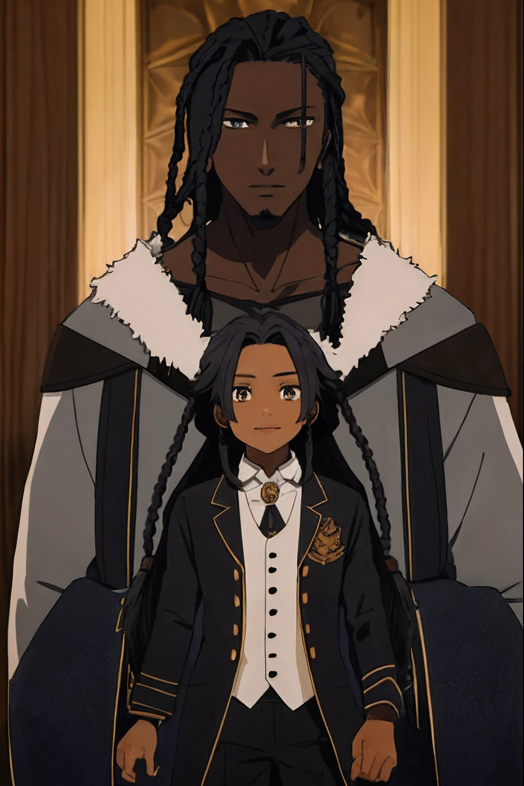 A towering, charismatic figure with a commanding presence, his rich, dark skin sets off the intensity of his deep, enigmatic eyes. His short dreadlocks feature subtle white trim, a unique contrast that hints at her complex past. With a friendly demeanor that hides a deep intellect, he often immerses himself in scholarly pursuits or advanced technology. His radiant smile belies the strength and confidence forged in adversity, while the shadows of her past struggles only heighten her resilience
