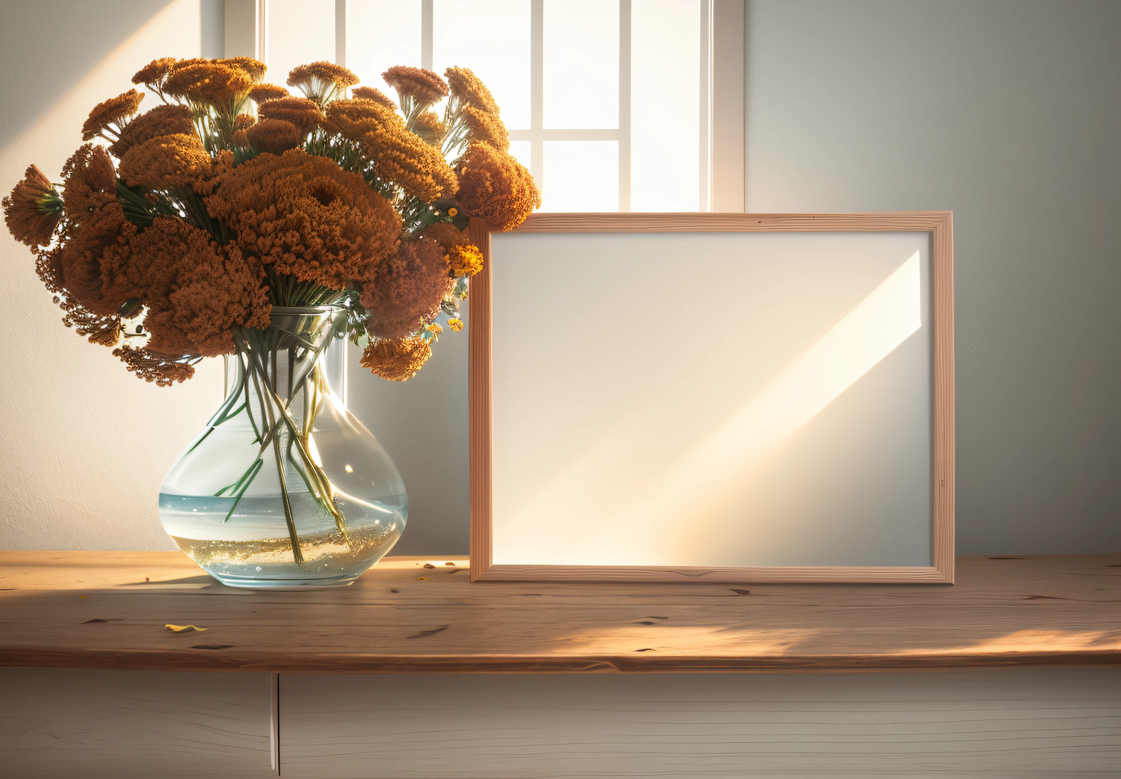there is a picture frame on a shelf with a vase of dried flowers, on a wooden tray, wooden frame, on wooden table, in a frame, beautiful wooden frame, full subject in frame, placed in a living room, wood and paper, inside a frame on a tiled wall, full view blank background, on a white table, on a wooden table