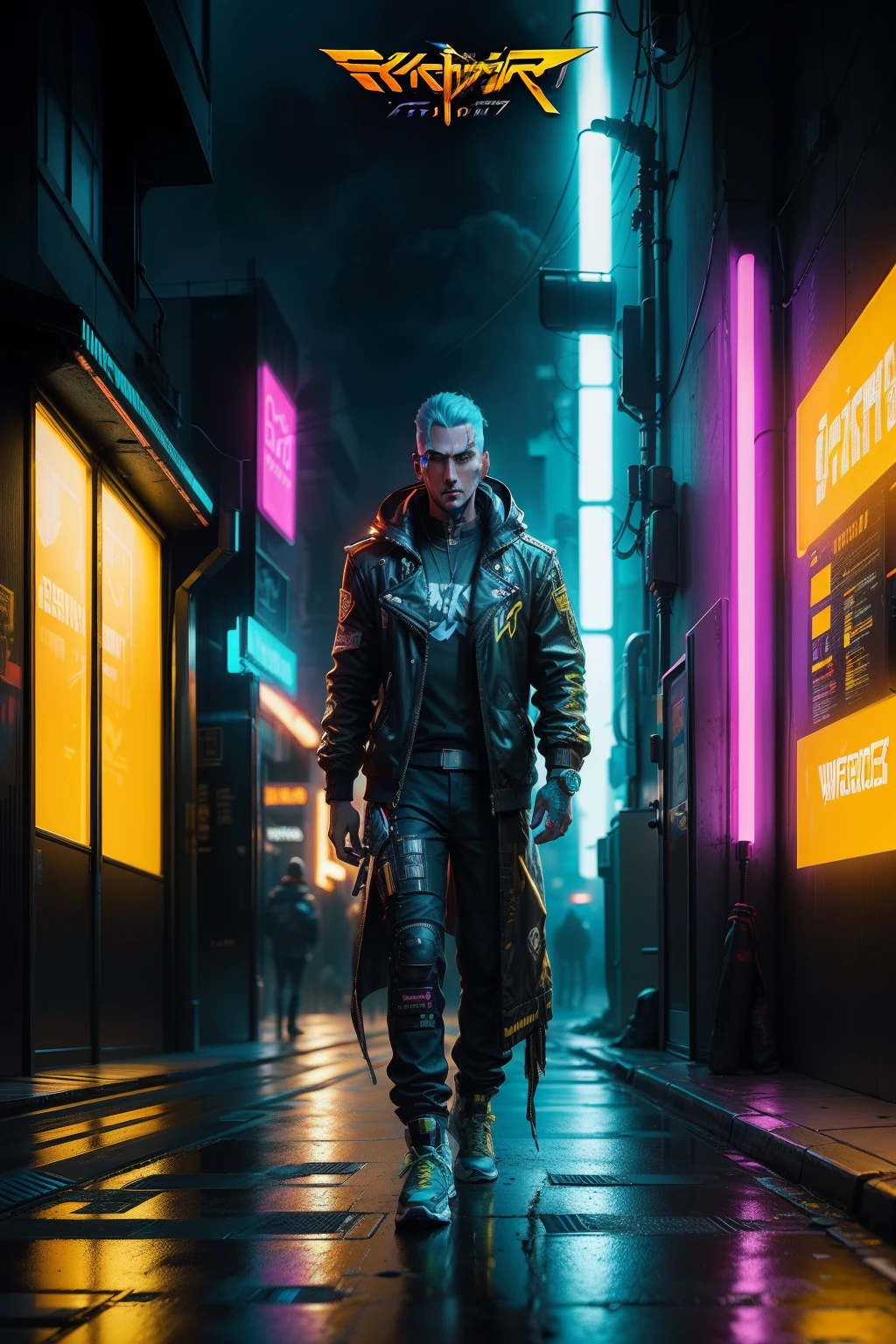 Close-up of a person standing in a room with neon lights, ( cyberpunk 2 0 7 7, in cyberpunk 2 0 7 7 cp 2 0 7 7, (Cyberpunk 2077), In Cyberpunk 2077, cyberpunk 2077 color, style of cyberpunk 2 0 7 7, cyberpunk 2 0 7 7 )