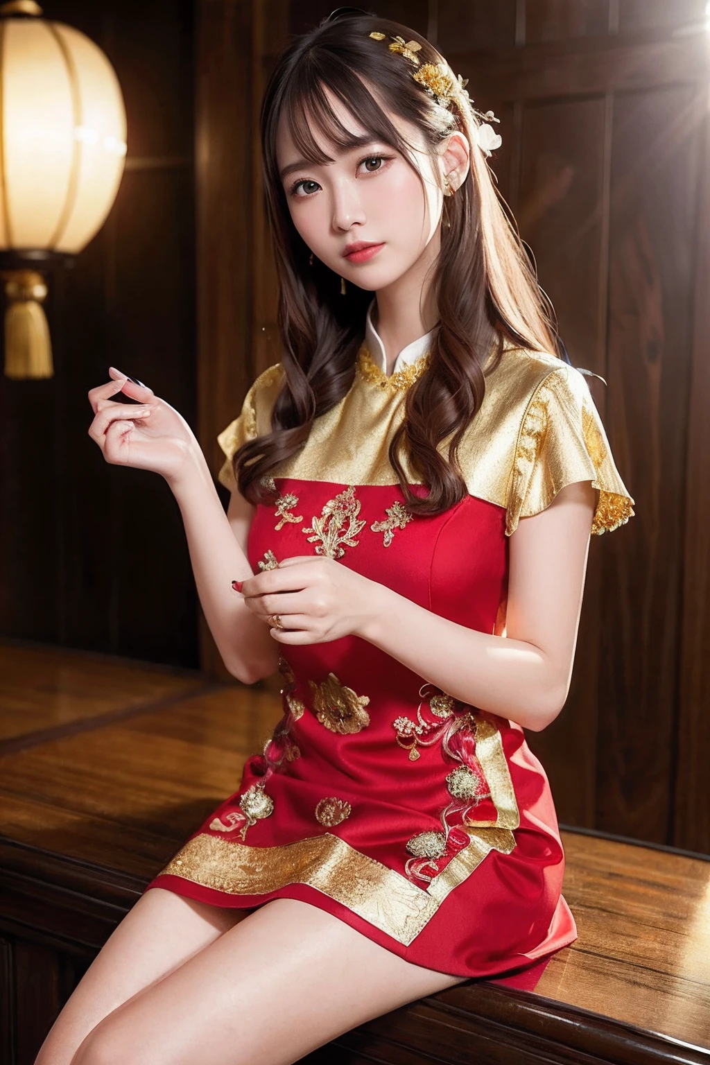 Top quality, masterpiece, high resolution, (exquisite body: 1.5), gorgeous face, (milky skin: 1.3), intricate details, high resolution, wallpaper,
1girl, solo, dress, hair ornament, ((((gold and red dress)))), flower, long hair, brown hair, closed mouth, jewelry, long sleeve, hands raised, wide sleeves, big eyes,floating hair, han clothing, han style, embroidery, long skirt, natural pose, falling petals, indoors,incitement, lanterns,
16K, HDR, Hi-Res, Depth Field, (Film Grain: 1.1), Boken, Golden Hour, (Lens Flare), Vignette, Rainbow, (Color Grading: 1.5), Looking at the viewer with a calm and goddess-like happiness, Super beautiful background drawn by WLOP,