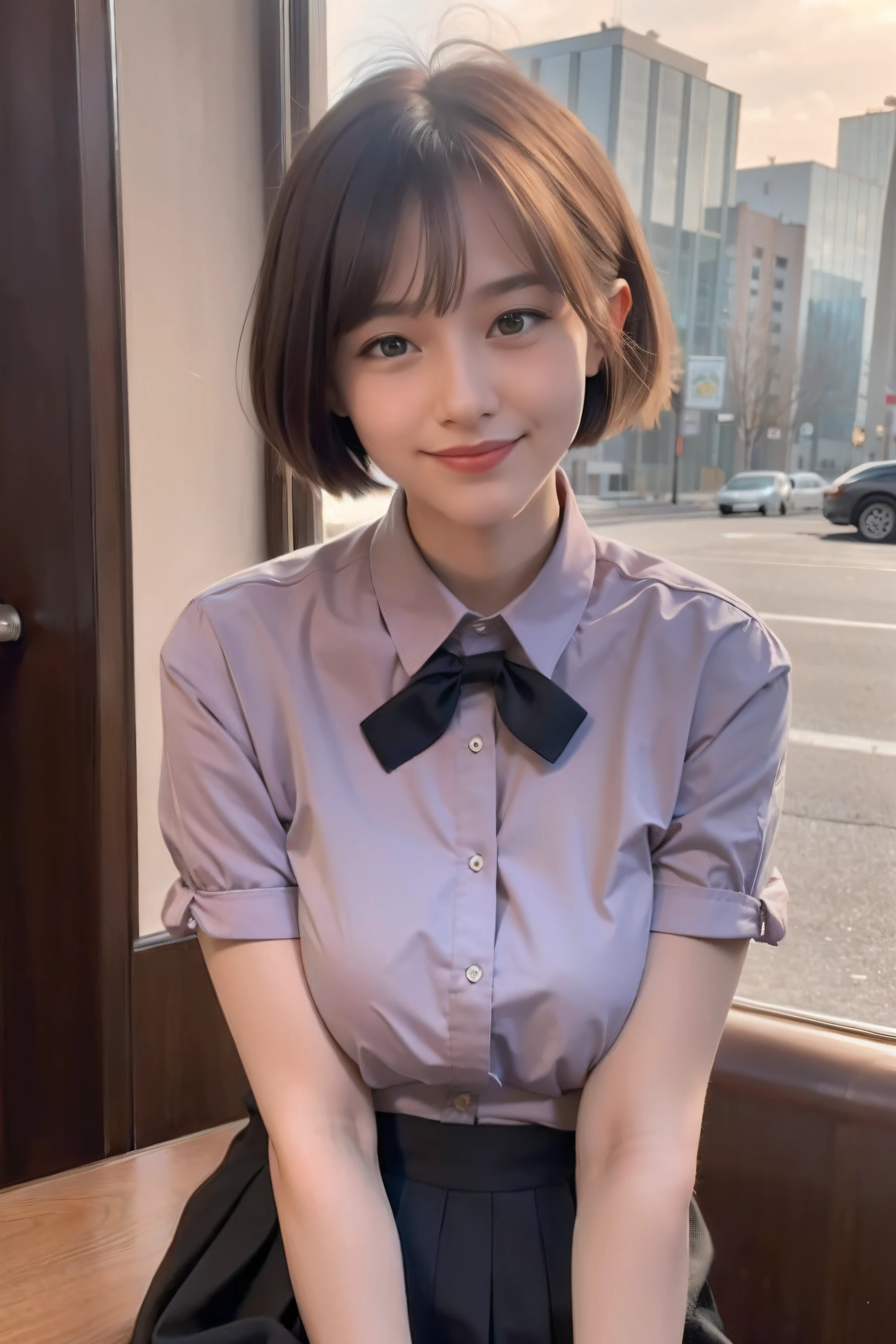 (8K, RAW photo, Best Quality, Masterpiece: 1.2), (Realistic, Photorealistic: 1.37), Ultra HD, 1 girl, Cute, Solo, Beautiful sky, Detailed cafe, Night, Sitting, date, (nose lip), (smile: 1.1), (closed), medium breasts, beautiful eyes, (collared shirt: 1.1), bow tie, pleated skirt, (short hair: 1.2), floating hair