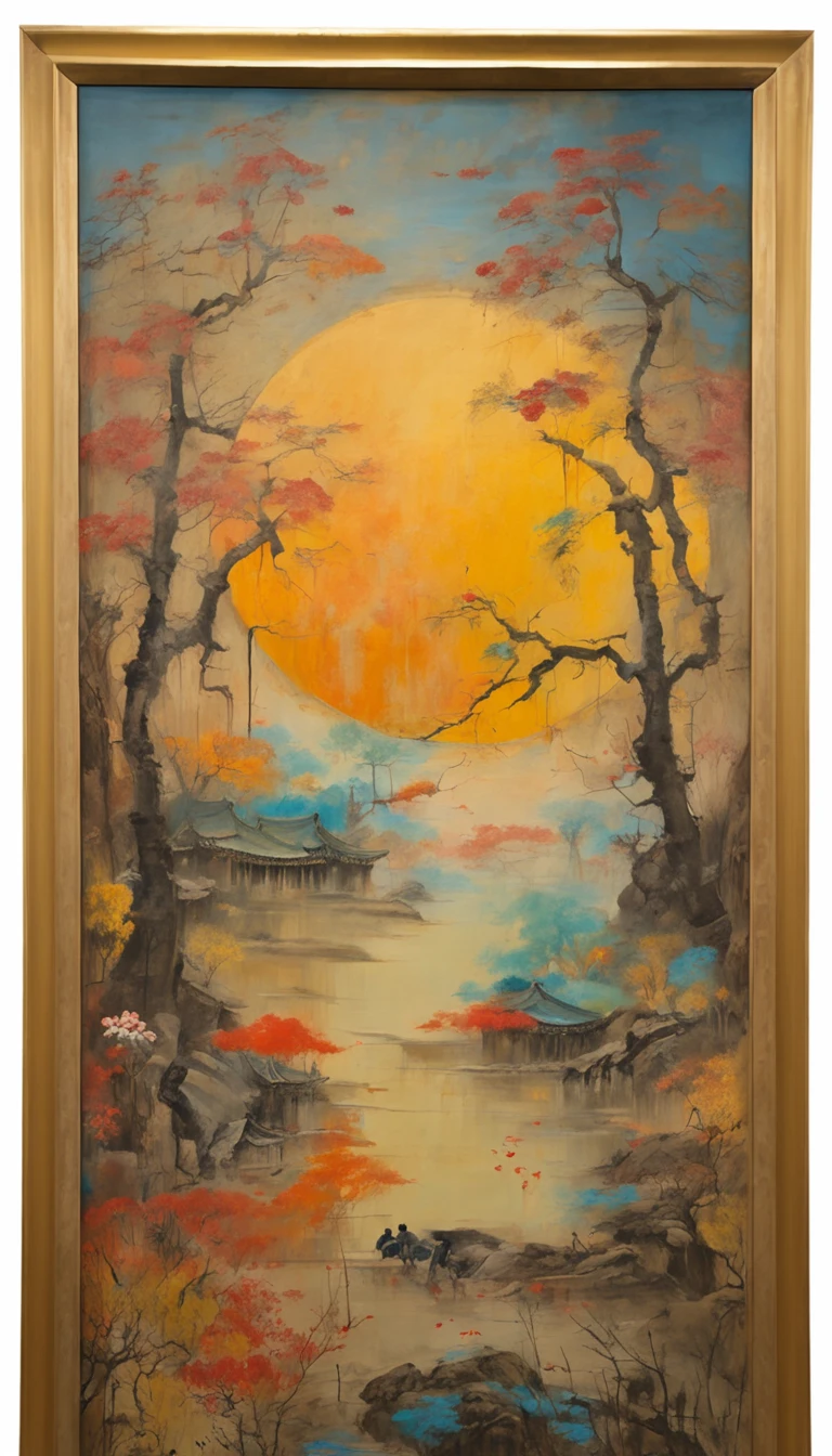 autumnal，full moon，traditional Chinese festivals，An idyllic Chinese mural, em cor azul escuro，nighttime scene， Layered landscape, monumental murals, Ricoh FF-9D, Golden Age aesthetics，The picture is clean，Leave white space