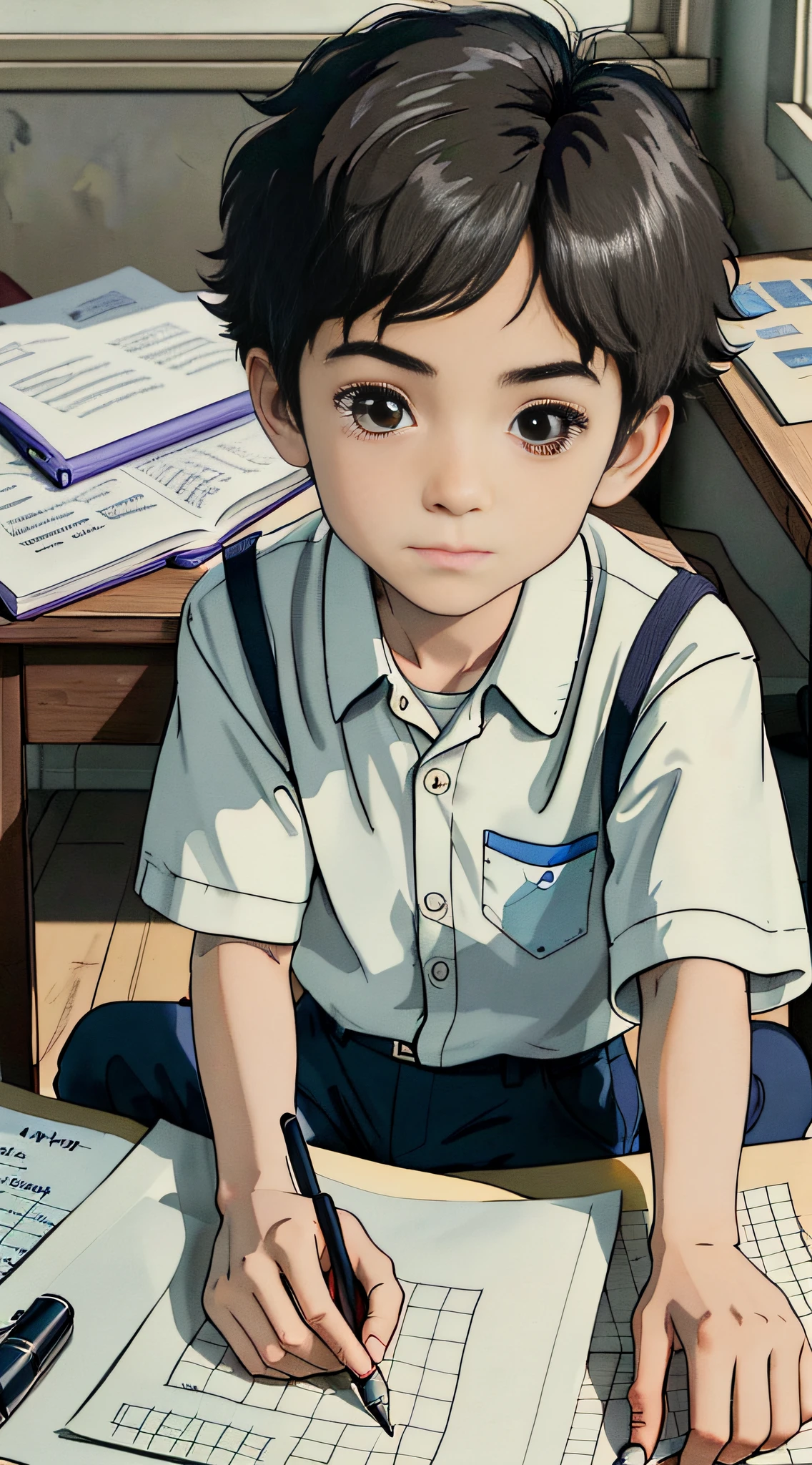 1 cute 10 year old boy,short detailed hair，Sit at the desk，holding pencil，Write your homework carefully，Ray tracing，movie picture quality，Light and shadow tracking，8K，Hyper-detailing