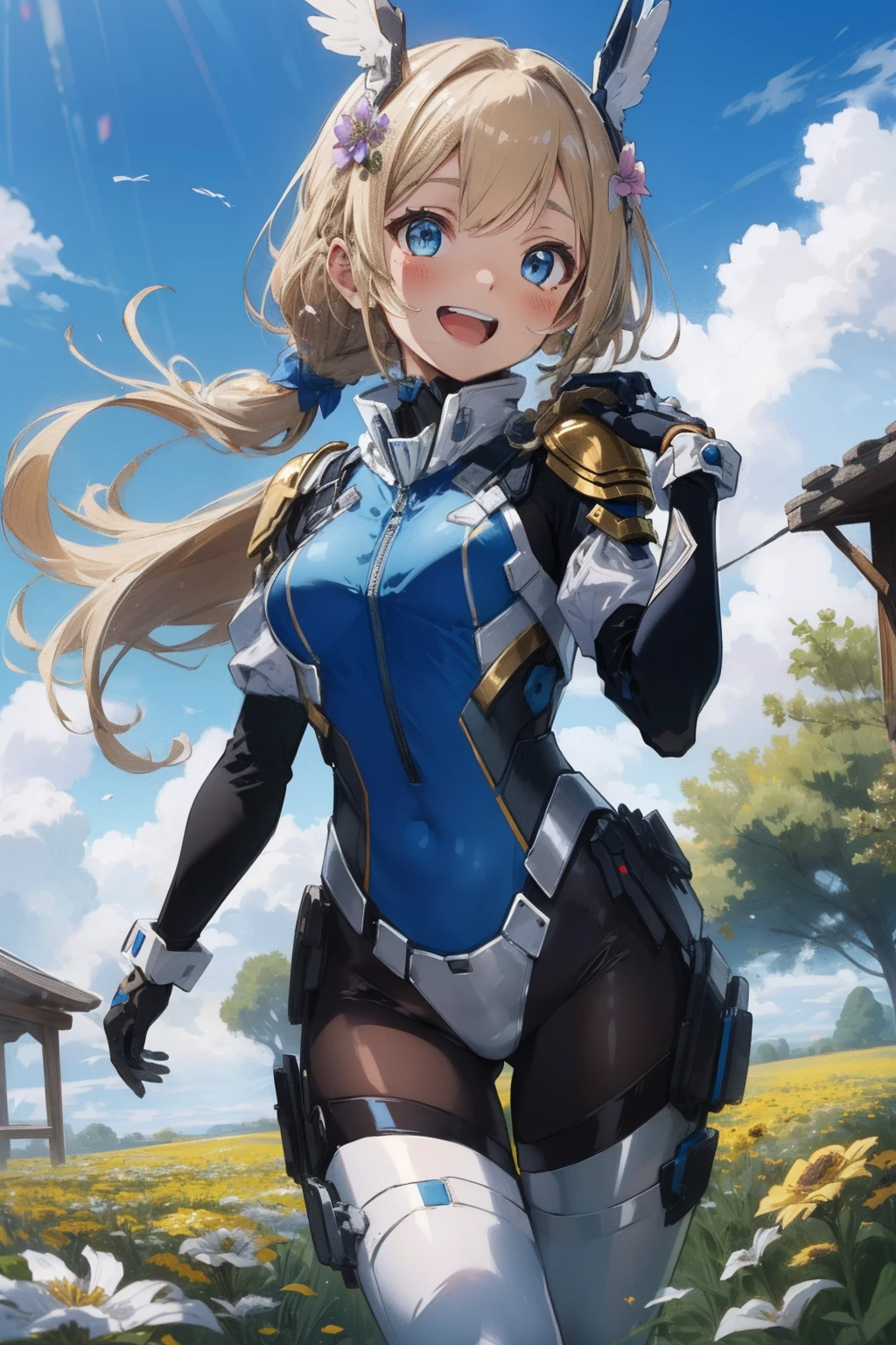 (master piece, Best Quality), Intricate details, valkyrie, kawaii, Happy smile, (((Laugh))), Hand up, Looking at Viewer, Feather Headgear, flower meadow,
1 girl in, Solo, Portrait, Tentacle plutinum blonde hair, single braid, single thighhigh, Independent single sleeve, gloves,
mecha musume, Droid, mechs, White bodysuit, Silver Reinforced Suit, silver pantyhose, full armor,