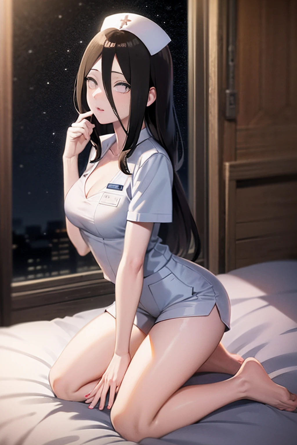 Masterpiece, Highly detailed, Best quality, 超高分辨率, 1girll, Solo, (Snow outside the window,By the fire,perspire,Be red in the face),(Medium breasts), Breasts, (Hana than Hinata:1), (in a hospital,hospital bed),(Nurse's uniform,Ultra shorts,sit on a bed,Kneeling,围巾), cleavage, From the front side,Sat down,Black eyes,White eyes white