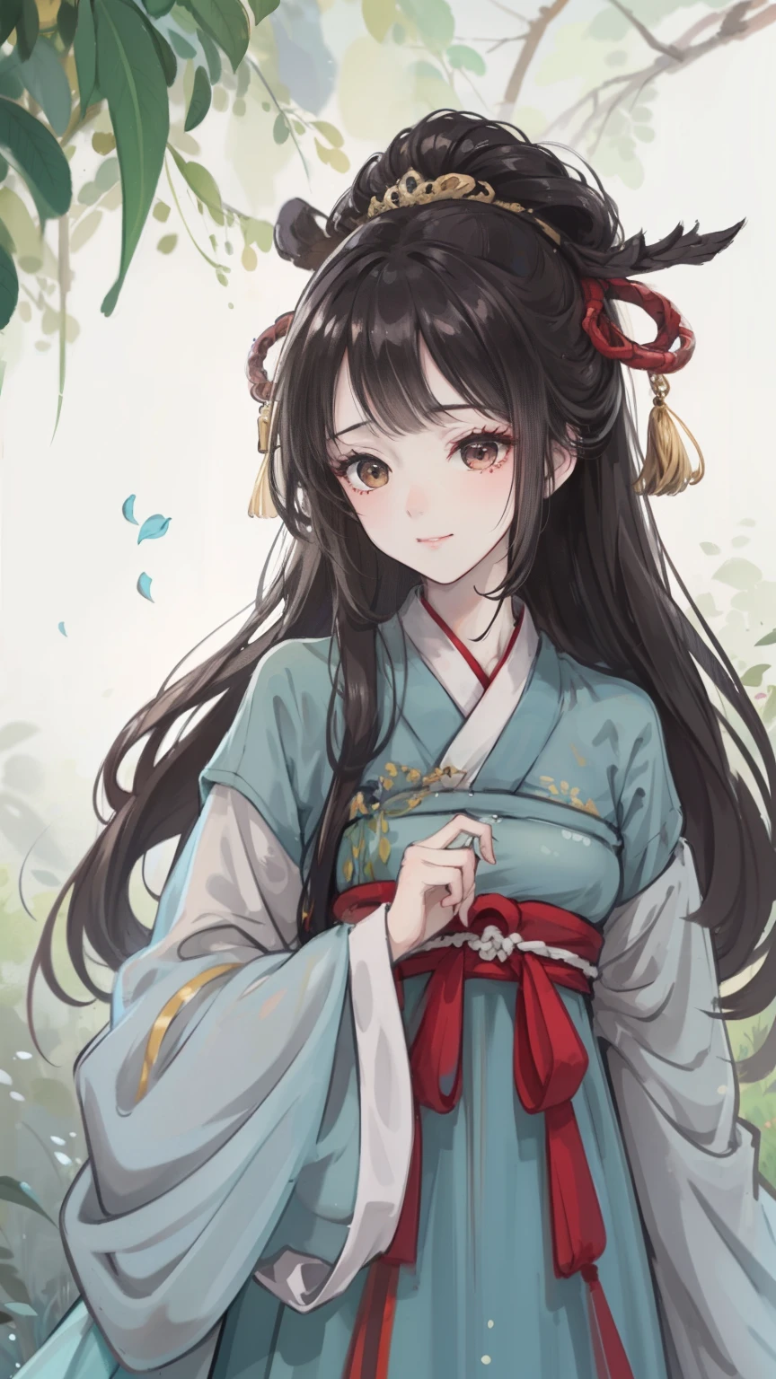 "the Extremely Detailed CG Unity 8K Wallpapers,tmasterpiece,Best picture quality,【😊Colored Forest,depth of fields,A large number of splashed droplets:1.2,petals,Toys surround,ventania,Foliage,grassy fields,volumettic light】brunette color hair,chineseidol,Be red in the face,Hanfu,ssmile,Half of your body is in water,Chinese style Hanfu,Air bangs,