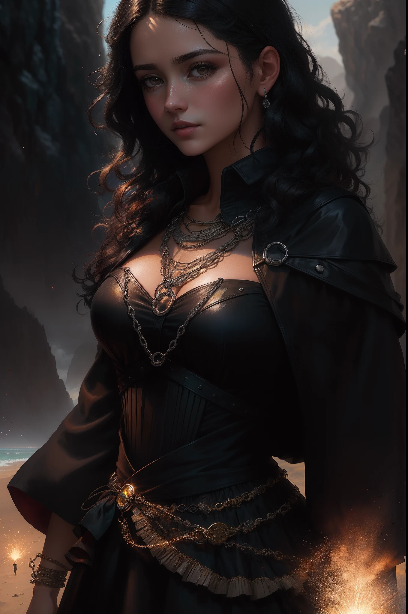 imagem em close-up de (anyachalotra), uma mulher como bruxa, (usando um vestido preto com lacery: 1.3), cabelo loiro, cabelo dourado, estilo modelshoot, (extremamente detalhado CG unidade 8k wallpaper), foto da obra de arte mais bonita do mundo, Majestic professional oil painting by Ed Blinkey, Atey Ghailan, Studio Ghibli, por Jeremy Mann, Greg Manchess, Antonio Moro, trending in the artstation, trend in CGSociety, Intrincada, Alto Detalhe, foco nítido, dramatic, Arte de pintura fotorrealista por Midjourney e Greg Rutkowski, (Corrente da cintura), (Andar na areia do deserto:1.2), (magic sparks:1.2), (Olhando para o espectador), (Alunos detalhados:1.2), (Closeup:1.1)