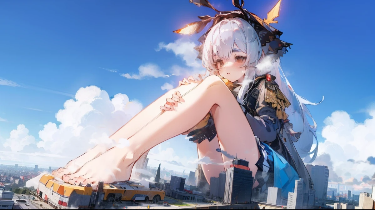 NSFW,Clouds, view over city, Masterpiece, Best quality, Highly detailed,Masterpiece,Best quality,offcial art,Extremely detailed Cg Unity 8K wallpaper,{{{Giantess}}},Giant,1girll,modern miniature city,A cold expression,Sit on a modern miniature city ,The feet emit steam,Smash the city,