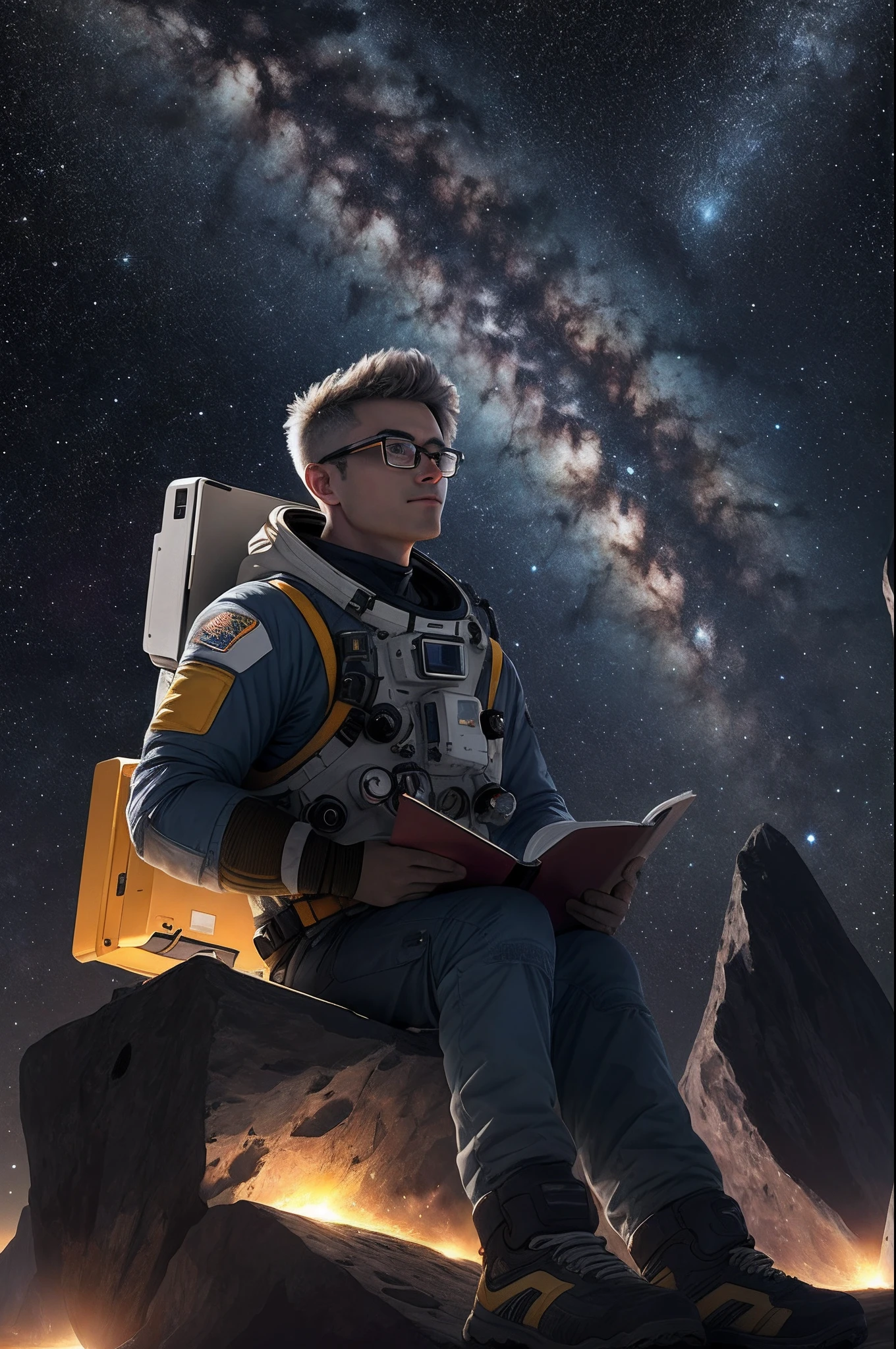 Draw a young programmer,Sit on a research platform floating in the middle of the asteroid belt。He was studying with a notebook,Surrounded by several asteroids that emit fiery rings。Dramatic illuminations from distant stars and planets illuminate the scene,A deep shadow was cast on the spacesuit。The young man looks confident and determined,Look at the vast and mysterious universe with amazement and respect,Gray hair and glasses,cowboy lens,