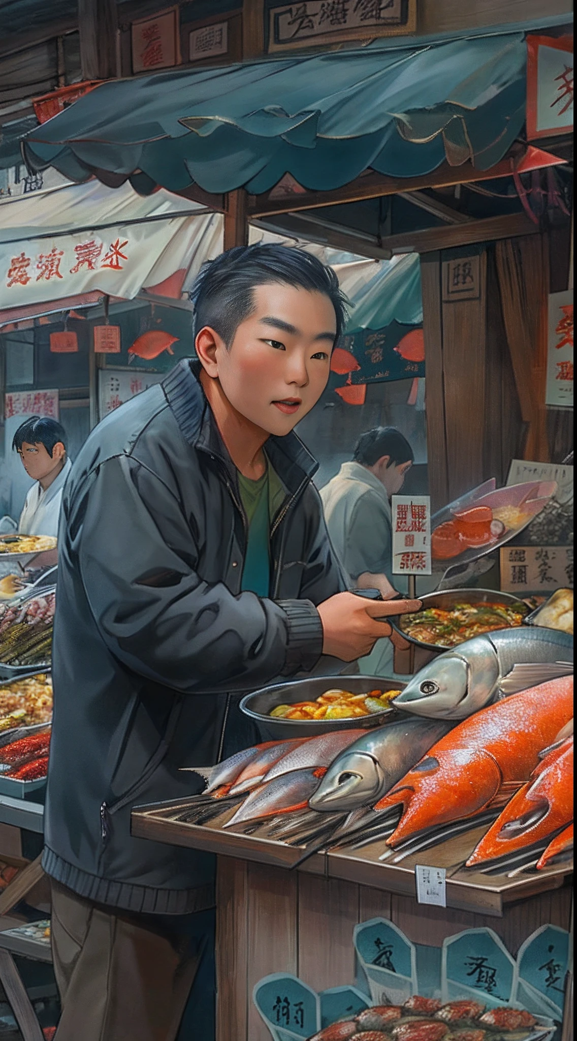 A short man standing in front of a roadside stall, mouth slightly open as if drooling, with a variety of seafood displayed on the stall, tempting and mouthwatering, ,in the style of the stars art group xing xing, 32k, best quality, masterpiece, super detail, high details