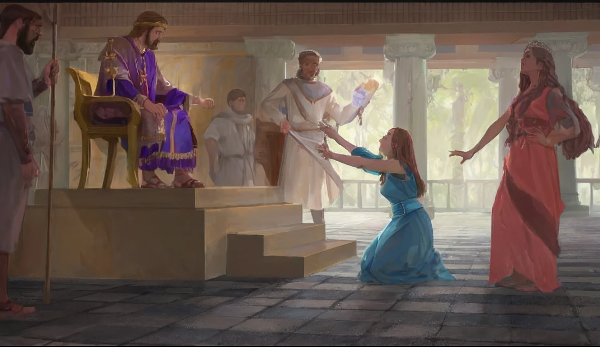 Painting of a woman in a blue dress is kneeling, bible illustration, Directed by: Jason Felix, celebrando um rei sendo coroado, granting him a noble title, epic biblical representation, prophetic art, Directed by: Jason Benjamin, Directed by: Cynthia Sheppard, Rob Rey, Directed by: Alexander Kucharsky, Directed by: Juan O'Gorman, Directed by: Nicholas Marsicano, Directed by: Brian Thomas